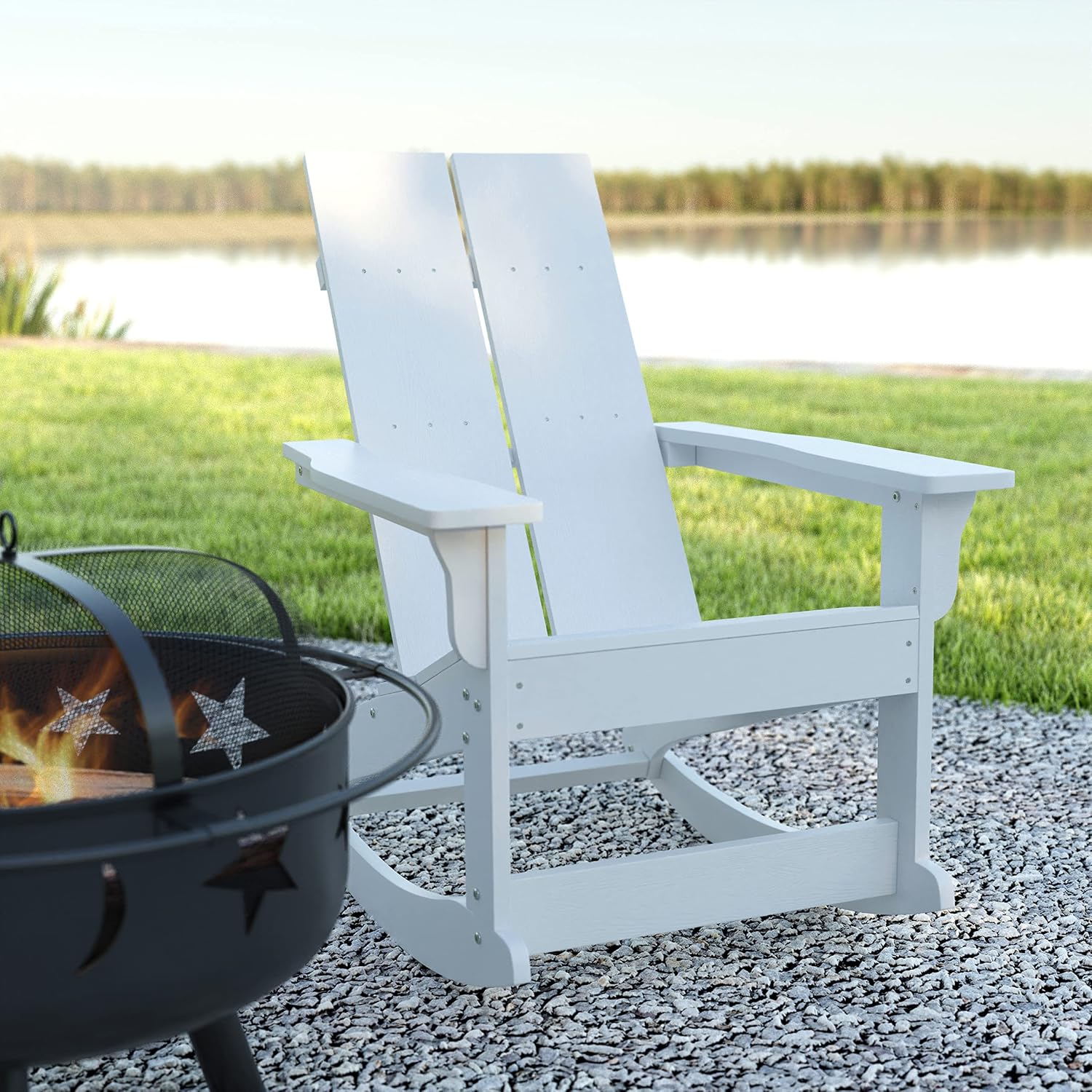 EMMA + OLIVER Harmon Adirondack Rocking Chair - White Poly Resin - Suitable for Indoor/Outdoor Use - All Weather Materials - Easy Assembly - 350 lb. Weight Capacity