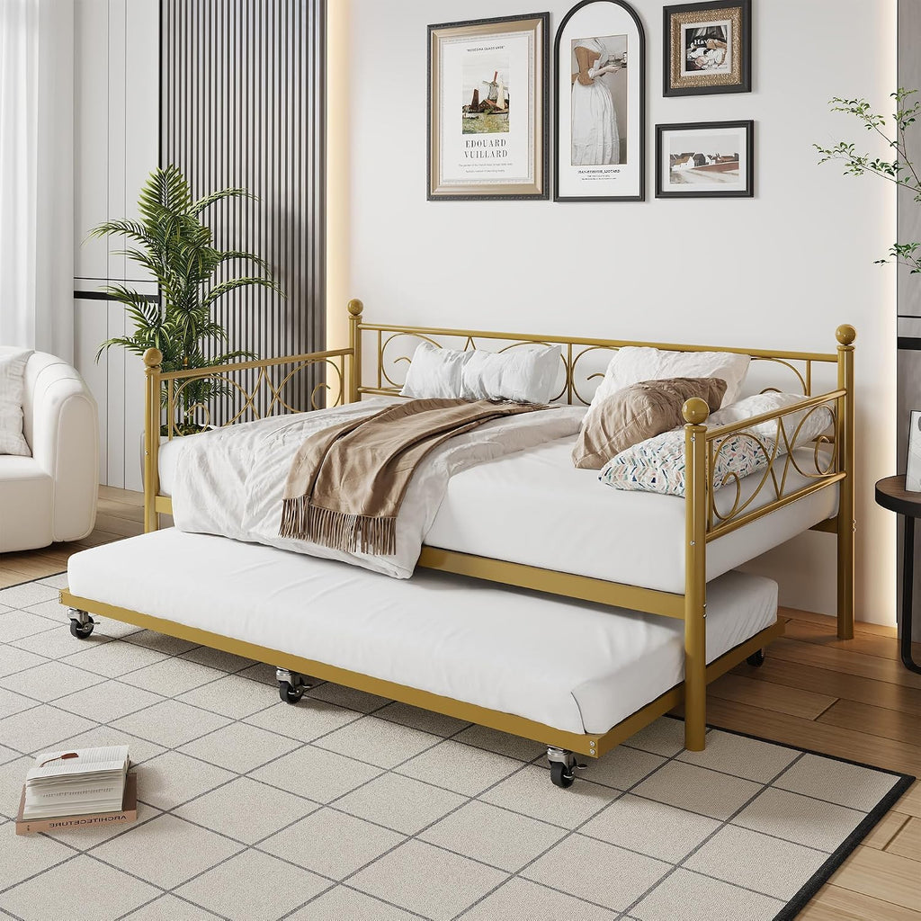 IDEALHOUSE Twin Daybed with Trundle, Metal Trundle Bed, Sofa Bed Frame, Heavy Duty Metal Slats, for Living Room, Bedroom, Guest Room, Space Saving, Gold