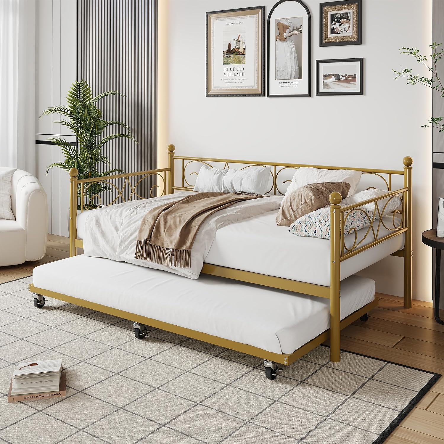 IDEALHOUSE Twin Daybed with Trundle, Metal Trundle Bed, Sofa Bed Frame, Heavy Duty Metal Slats, for Living Room, Bedroom, Guest Room, Space Saving, Gold