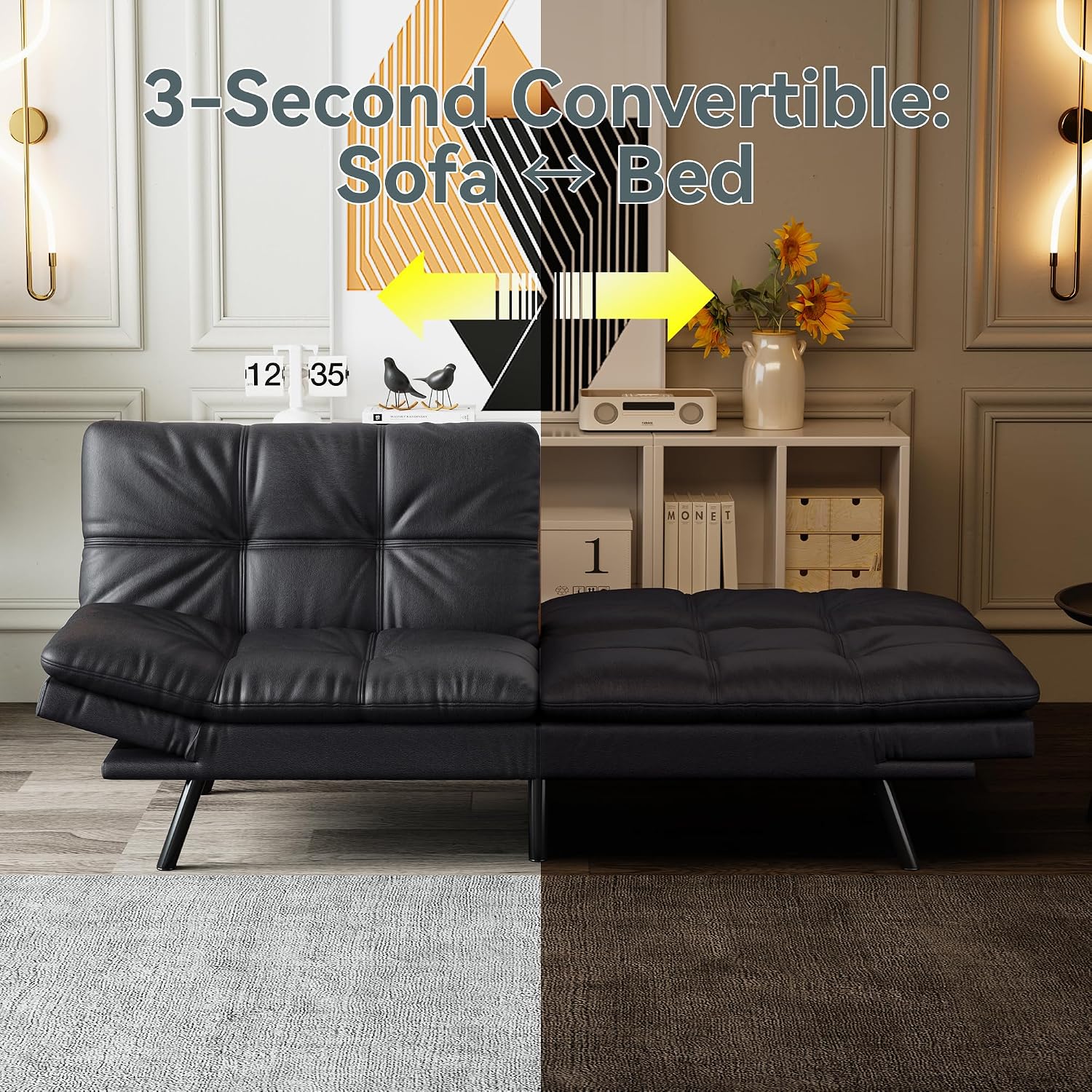 Futon Sofa Bed Convertible Couch, Black Faux Leather Sofa Bed with Memory Foam, Adjustable Backrest & Armrests, Multifunctional Small Loveseat Sleeper Sofa for Living Room, Apartment, Office