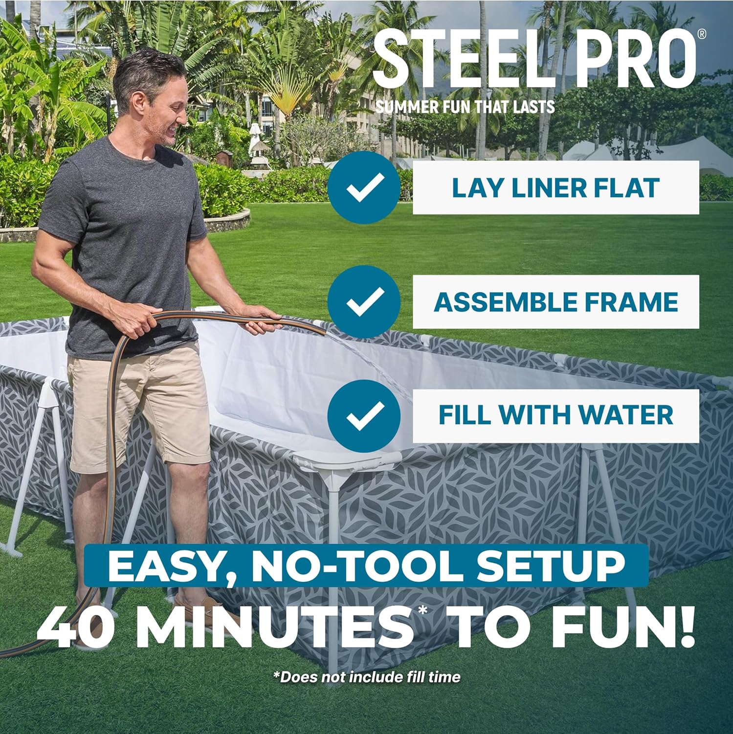 Bestway Steel Pro 12' x 6' 7' x 26' Rectangle Above Ground Outdoor Swimming Pool Set with DuraPlus Liner and FrameLink System, Gray