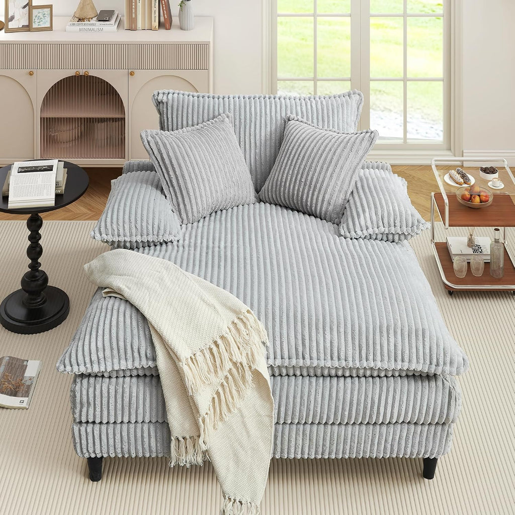 WESTSETLUX 54.8' W Oversized Chaise Lounge Chair Indoor with 5-Position Adjustable Backrest, Corduroy Sleeper Sofa Bed with 3 Pillows, Modern Cloud Couch Chair for Living Room, Bedroom, Grey