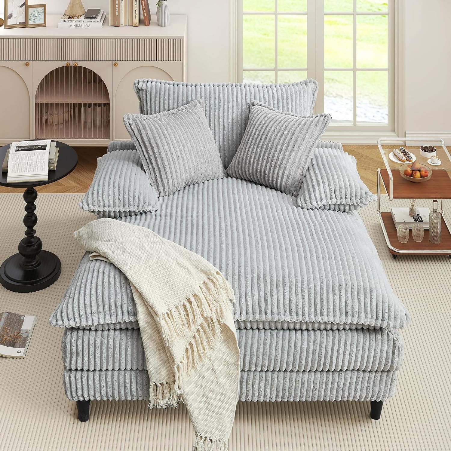 WESTSETLUX 54.8' W Oversized Chaise Lounge Chair Indoor with 5-Position Adjustable Backrest, Corduroy Sleeper Sofa Bed with 3 Pillows, Modern Cloud Couch Chair for Living Room, Bedroom, Grey