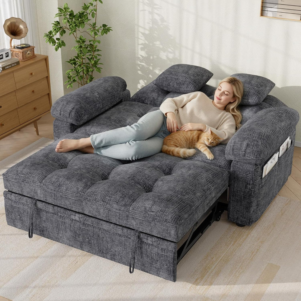 Keyluv 59' Loveseat Sleeper Sofa with USB Ports & Side Pockets, 3 in 1 Convertible Sofa Bed for Living Room/RVs/Camper, Pull Out Couch with Adjustable Backrest, Chenille Grey