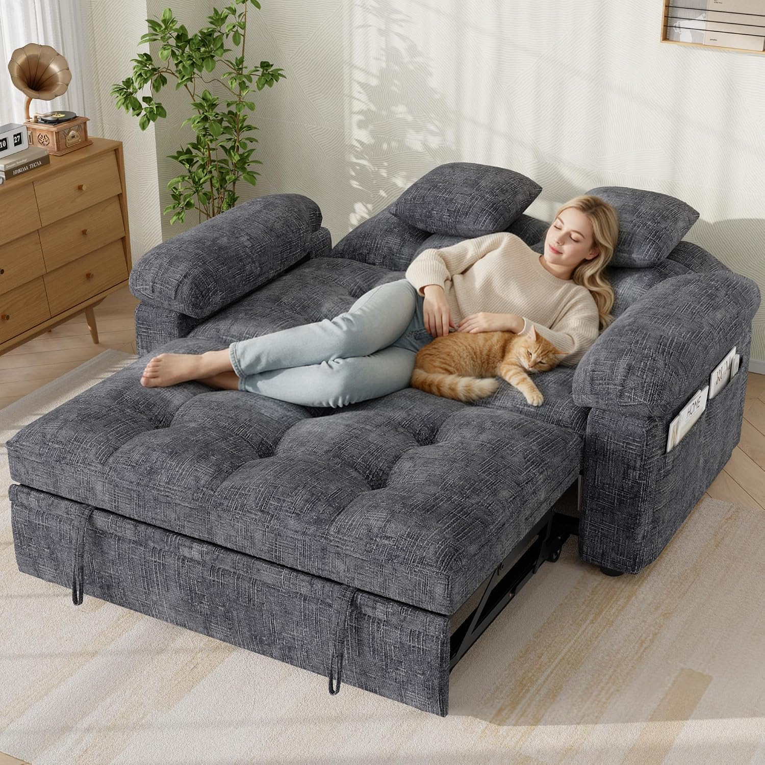 Keyluv 59' Loveseat Sleeper Sofa with USB Ports & Side Pockets, 3 in 1 Convertible Sofa Bed for Living Room/RVs/Camper, Pull Out Couch with Adjustable Backrest, Chenille Grey