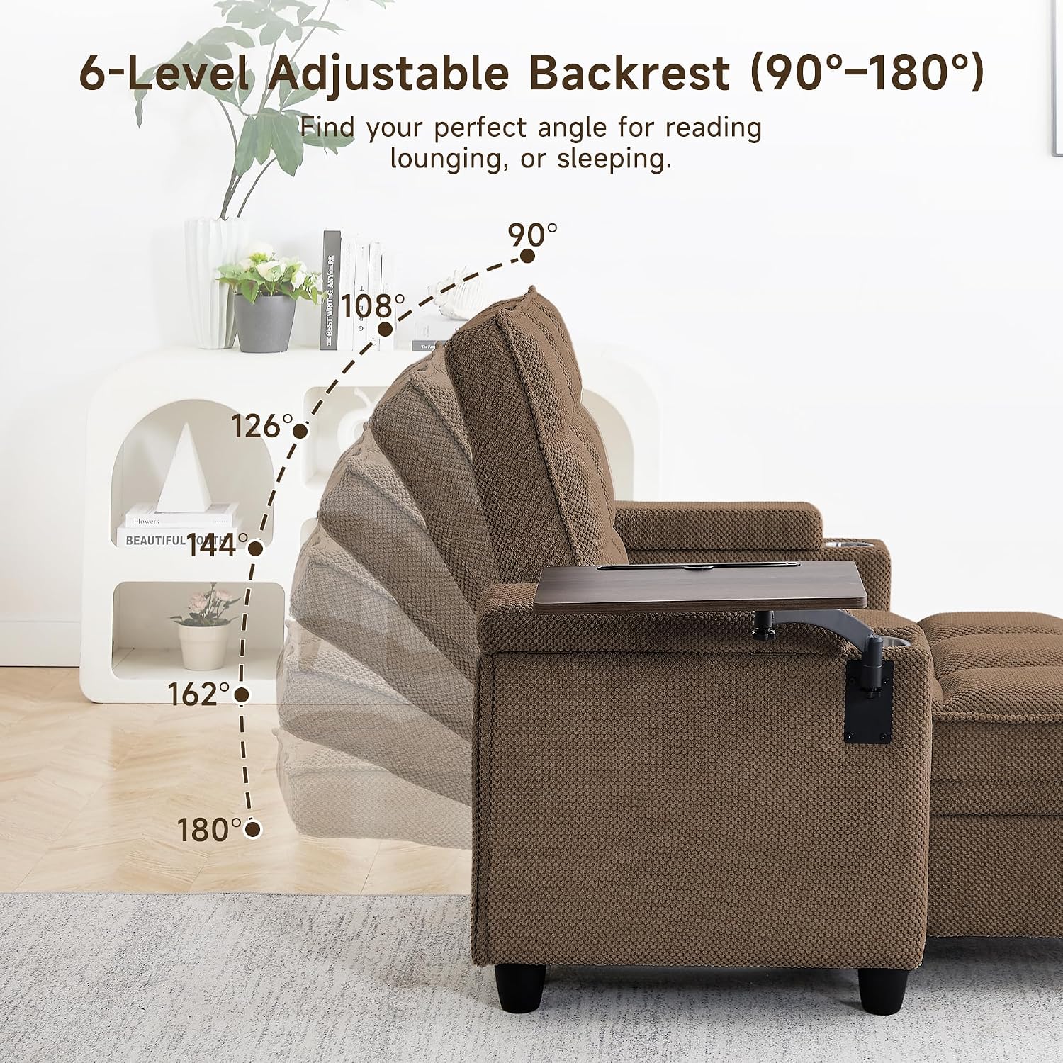 41.7' Chaise Lounge Chair Indoor, Oversized Boucle Upholstered Sofa Bed, Adjustable Backrest Deep Seat Reading Chair, Sofas Couches for Living Room with Storage, Cup Holders & 360° Swivel Side Table