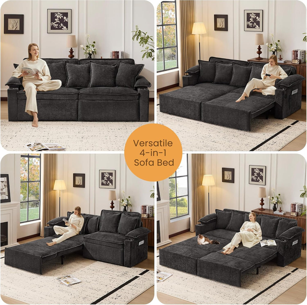 SUNWAVE 83' King Size Pull Out Sofa Bed, 4-in-1 Convertible Sleeper Sofa Bed with USB Ports, Cup Holders, Side Pockets, Corduroy Oversized Loveseat Chaise Lounge for Living Room, Small Space