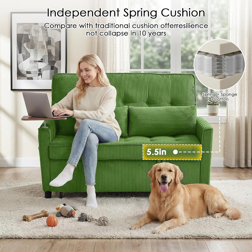 Sleeper Sofa Bed, 54'' Convertible Pull Out Couch with Small Table| USB Port | Stand Table| Corduroy Fabric | Adjustable Backrest for Apartment, Office, Bedroom, Guest Room(Green)