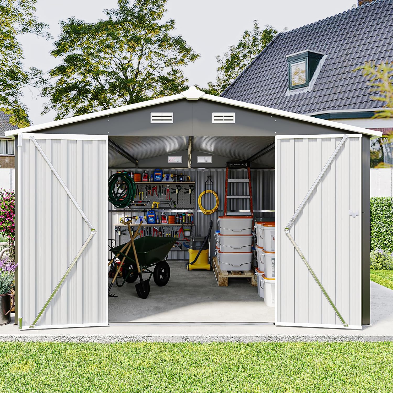 10 x14 FT Outdoor Storage Shed, Extra Large Metal Garden Shed with Waterproof Roof and 3 Lockable Doors, All-Weather Utility Tool Shed Storage House for Backyard, Patio, Lawn (Dark Gray)