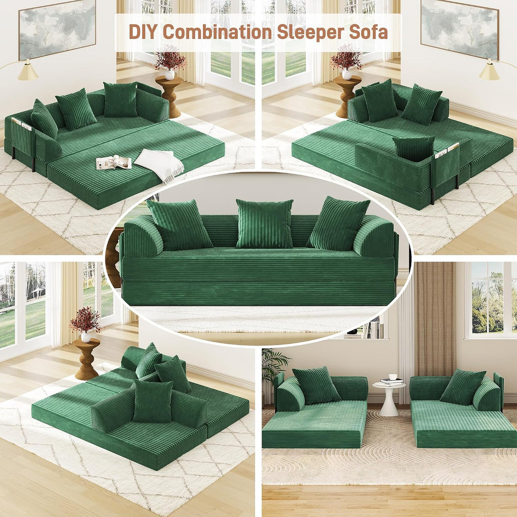 XVD 79' Boneless Sleeper Sofa Bed, Convertible Futon Couch with Pillows and Storage Pocket, Pull Out Compressed Sofa for Living Guest Room Bedroom, Green