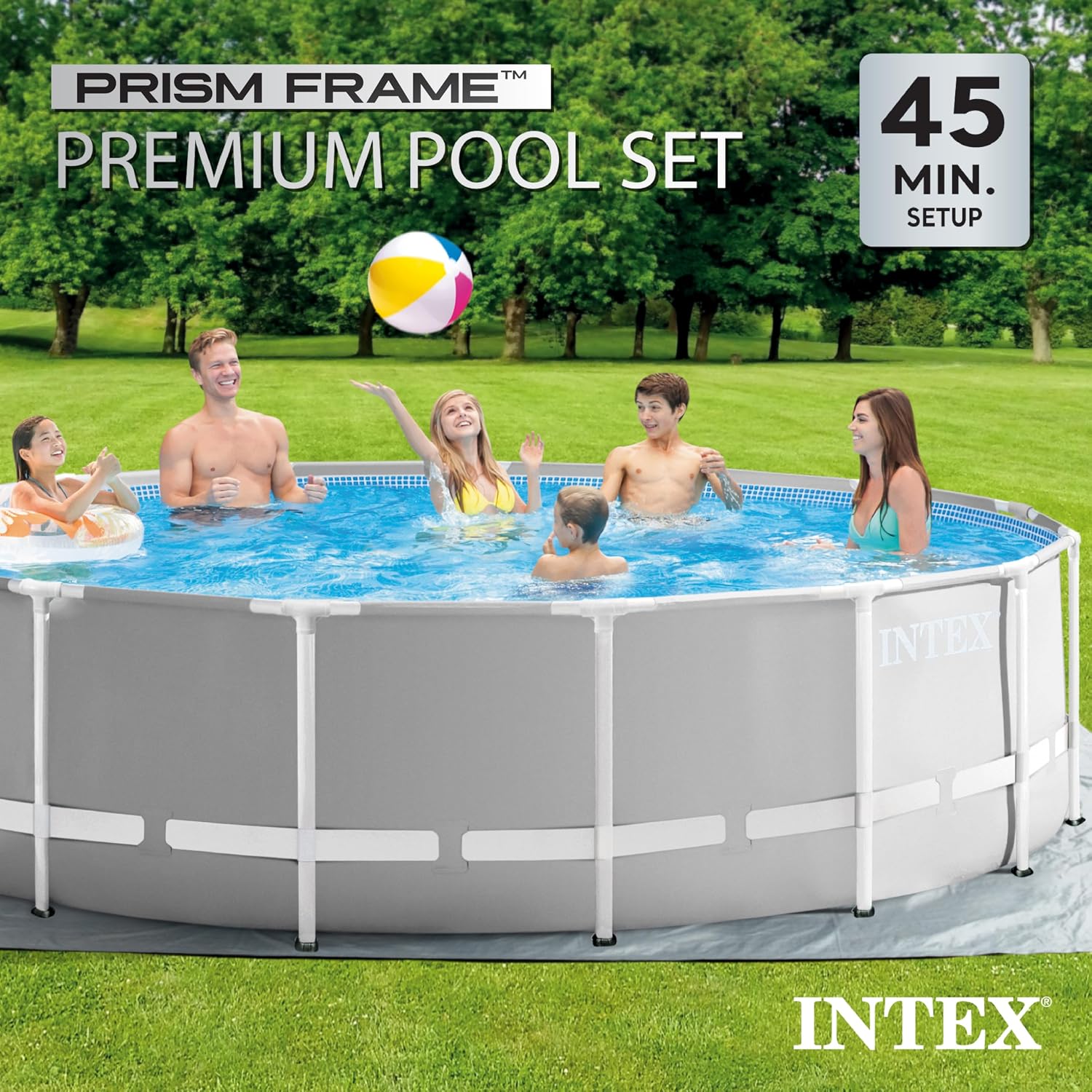 Intex Prism Frame 15' x 48' Above Ground Swimming Pool Set with Filter Pump, Ladder, Pool Cover, and Maintenance Pool Cleaning Kit with Vacuum Skimmer