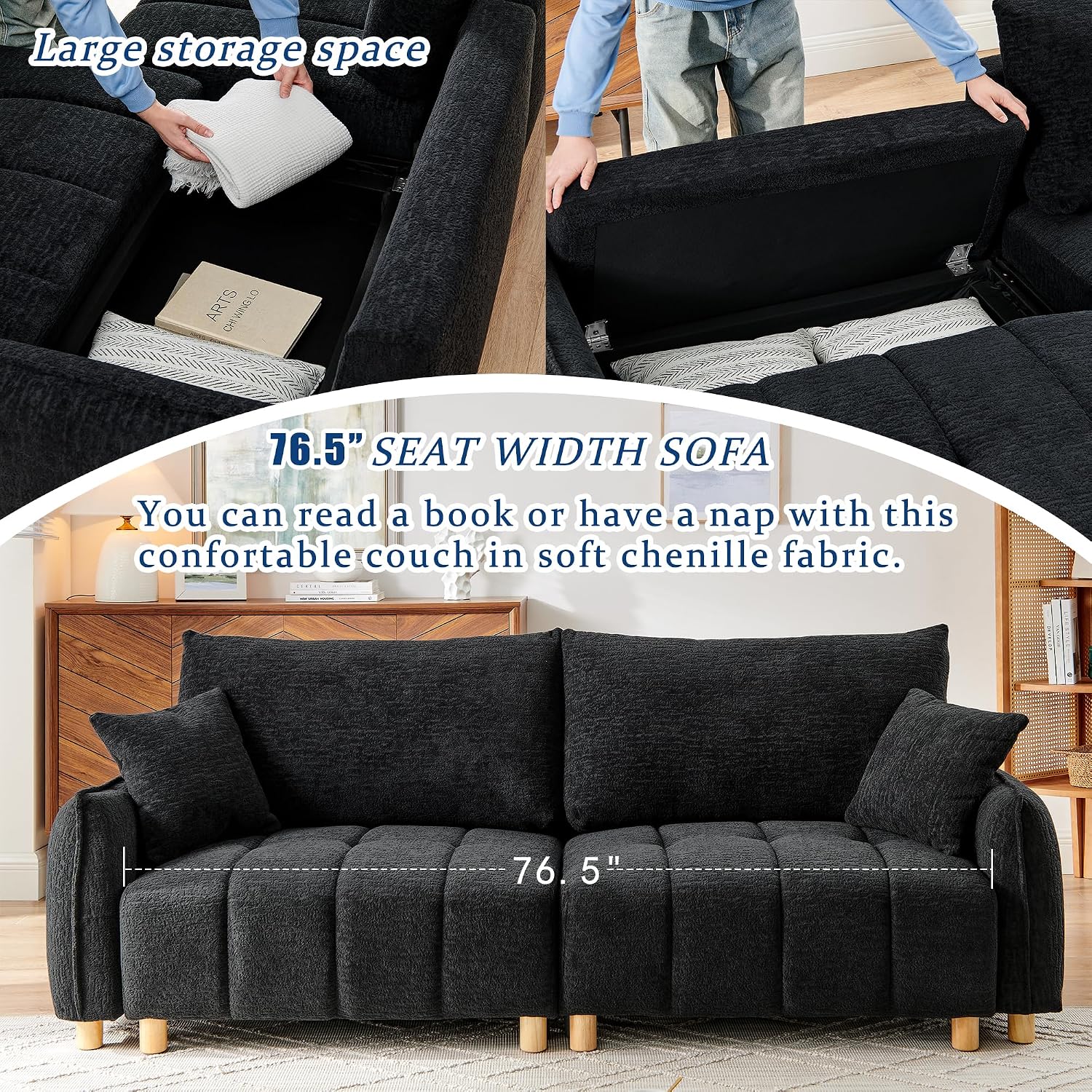 Mofolit Sleeper Sofa Bed Convertible Couch with Storage in Chenille Fabric Loveseat for Living Room Apartment and Small Spaces (Black)