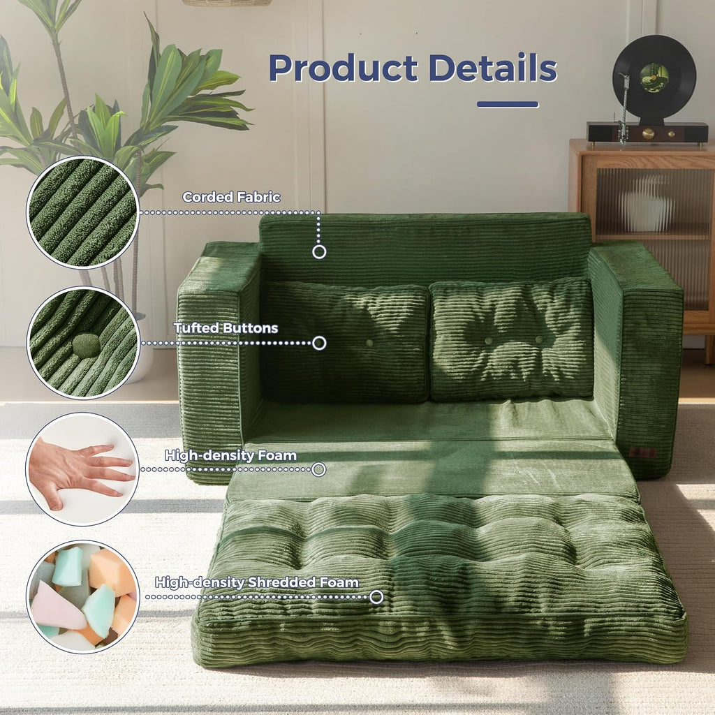 MAXYOYO Convertible Sofa Bed, Pull Out Loveseat Sleeper Sofa, 2 in 1 Folding Couch Bed, Fold Out Floor Couch with Pillows for Living Room Bedroom Lounge, Dark Green