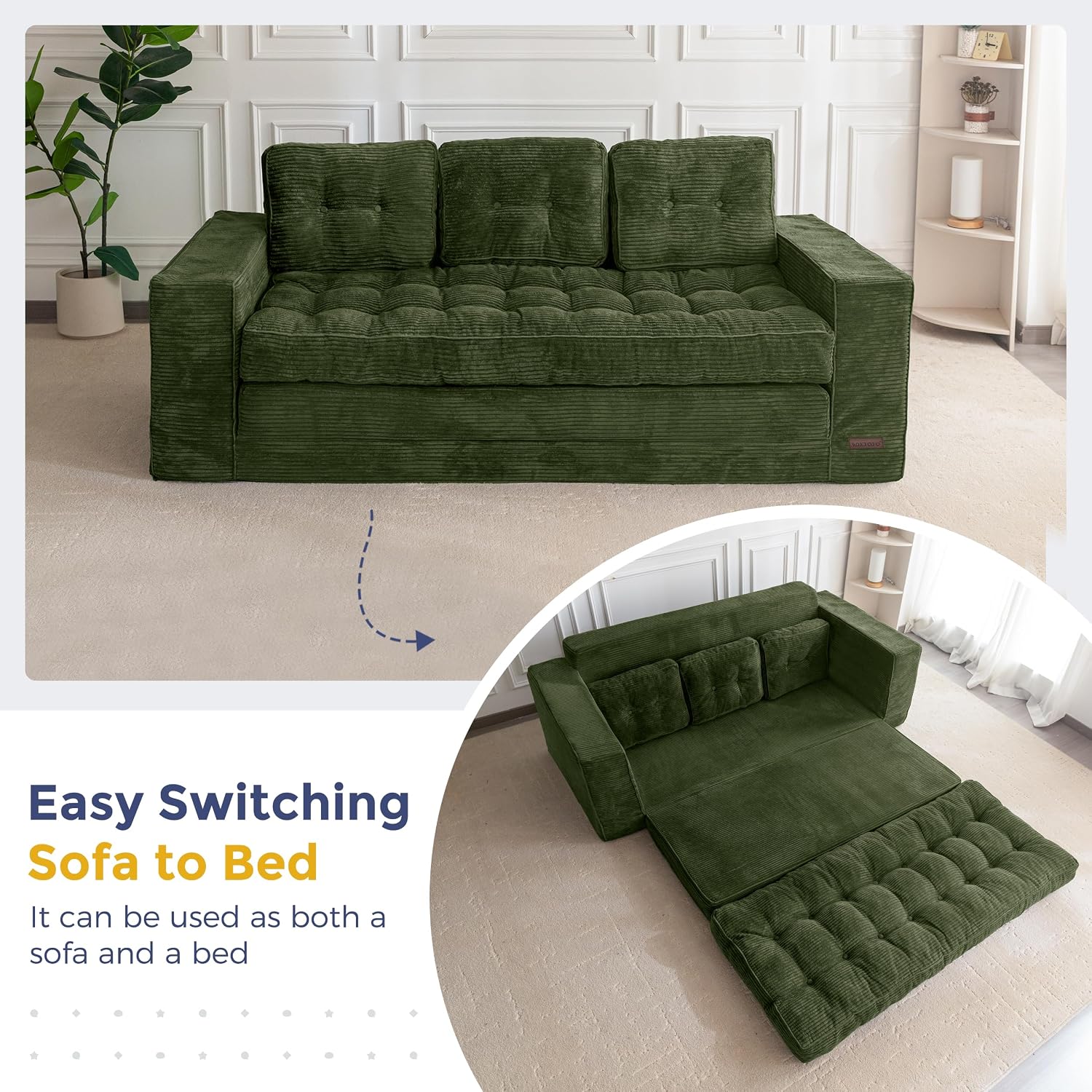 MAXYOYO Convertible Sofa Bed, Pull Out Loveseat Sleeper Sofa, 2 in 1 Folding Couch Bed, Fold Out Floor Couch with Pillows for Living Room Bedroom Lounge, Dark Green
