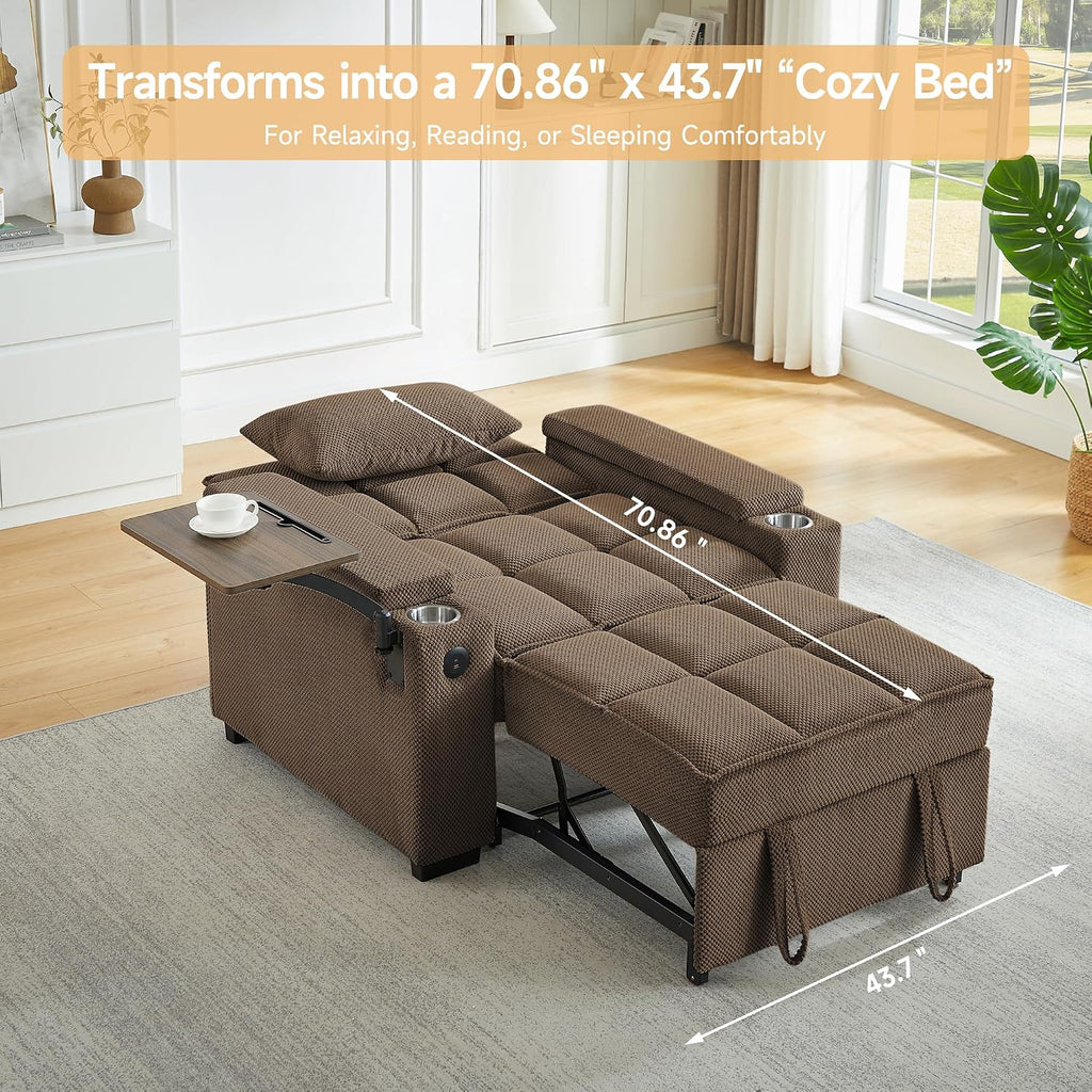 oaaktu Large Size Convertible Sleeper Chair Futon Sofa Bed, Comfortable Thick Cushion Single Sleeper Sofa Handheld Storage and Adjustable Backrest | Reading Chair with Rotating Small Table (Coffee)