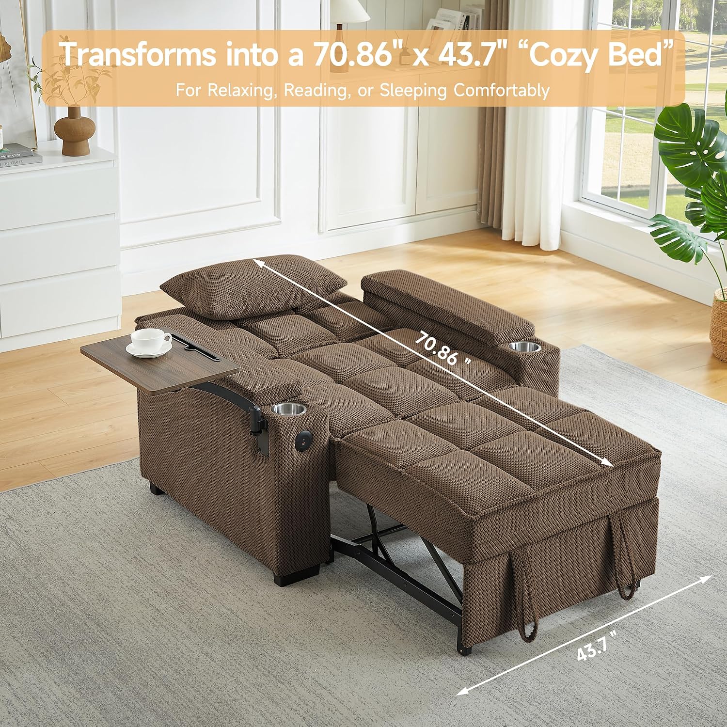 oaaktu Large Size Convertible Sleeper Chair Futon Sofa Bed, Comfortable Thick Cushion Single Sleeper Sofa Handheld Storage and Adjustable Backrest | Reading Chair with Rotating Small Table (Coffee)