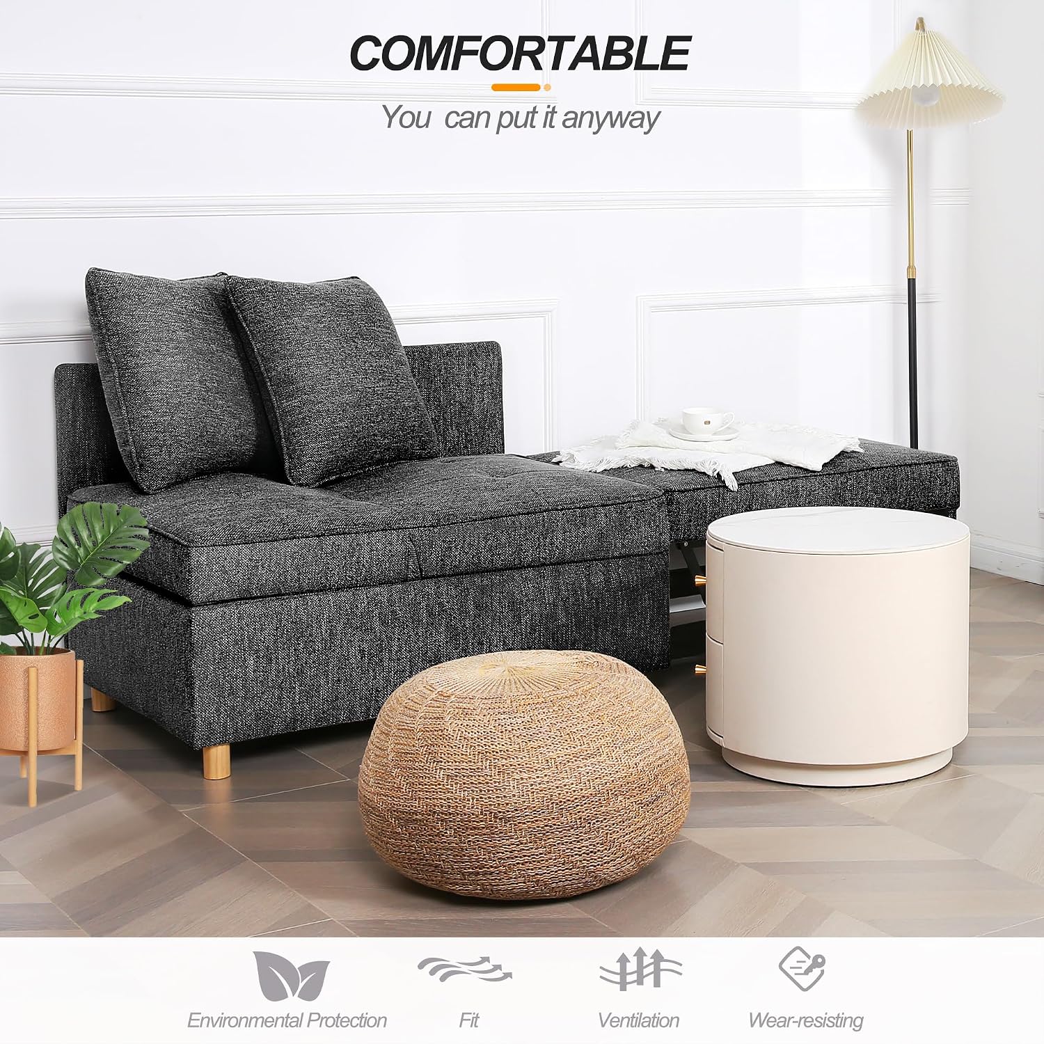 SEJOV Sofa Bed 4-in-1 Convertible Sofas & Couches, 3-Seat Linen Fabric loveseat Sofa with 2 Throw Pillow, Single Recliner for Small Space with 5 Adjustable Backrest, Black
