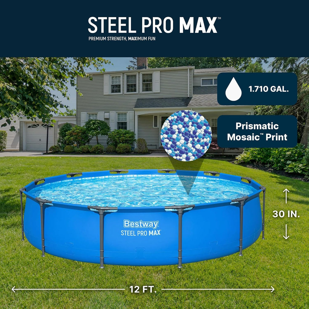 Bestway Steel Pro MAX 12' x 30' Above Ground Pool, Round Metal Frame Outdoor Swimming Pool for Backyard, Blue, Pool ONLY