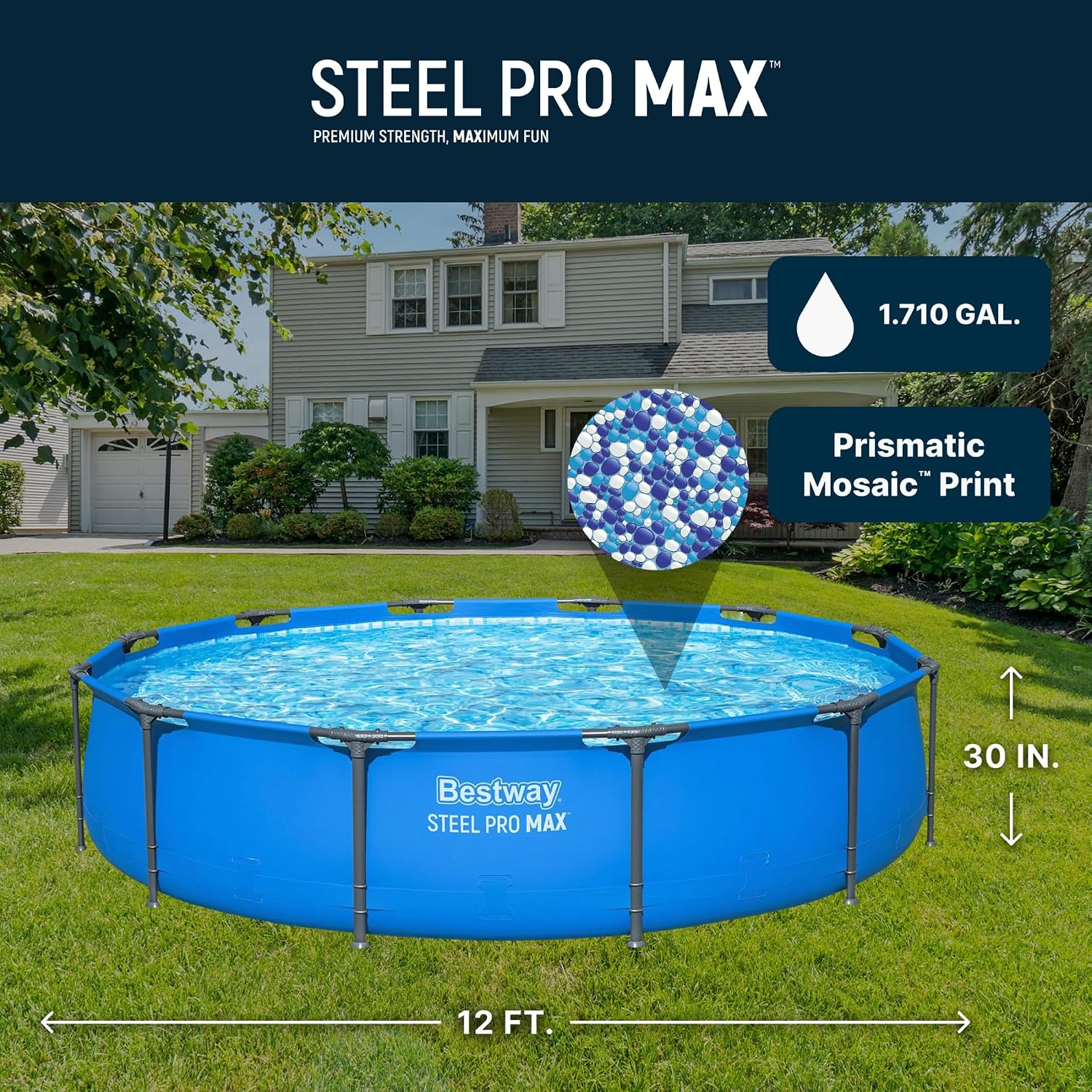Bestway Steel Pro MAX 12' x 30' Above Ground Pool, Round Metal Frame Outdoor Swimming Pool for Backyard, Blue, Pool ONLY