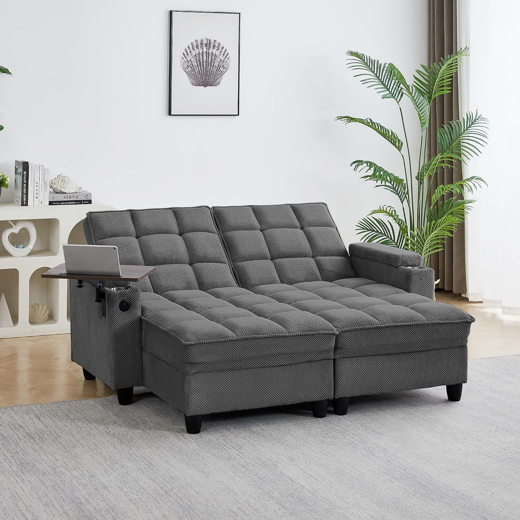 70.9' Chaise Lounge Chair Indoor, Oversized Boucle Upholstered Sofa Bed, Adjustable Backrest Deep Seat Reading Chair, Sofas Couches for Living Room with Storage, Cup Holders & 360° Swivel Side Table