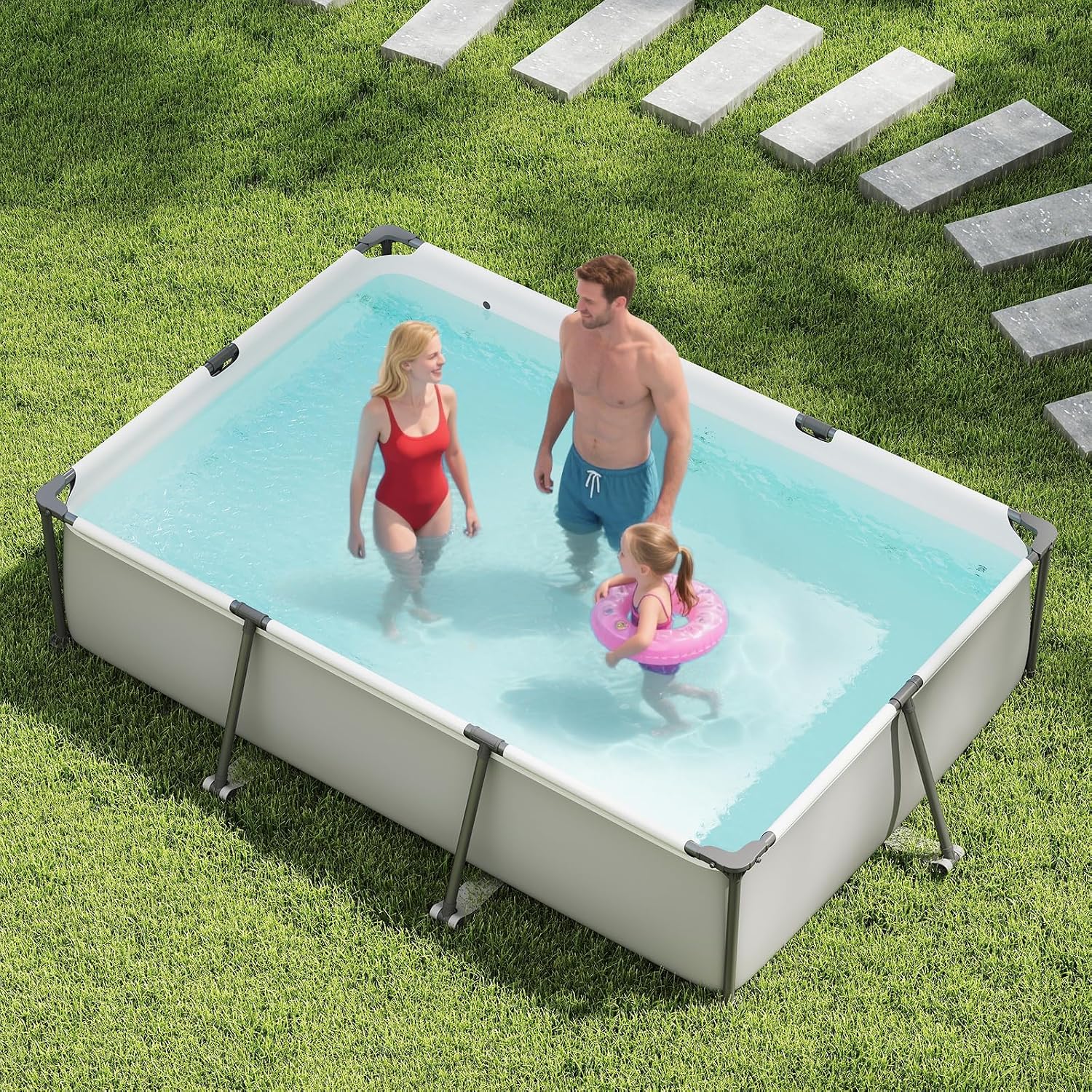 GYMAX 10' x 6.8' x 26' Metal Frame Above Ground Swimming Pool, Outdoor Backyard Famliy Pool w/Puncture-Resistant Fabric, Drainage Valve Connector for Kids & Adults (10' x 6.8' x 26', Rectangle, Grey)