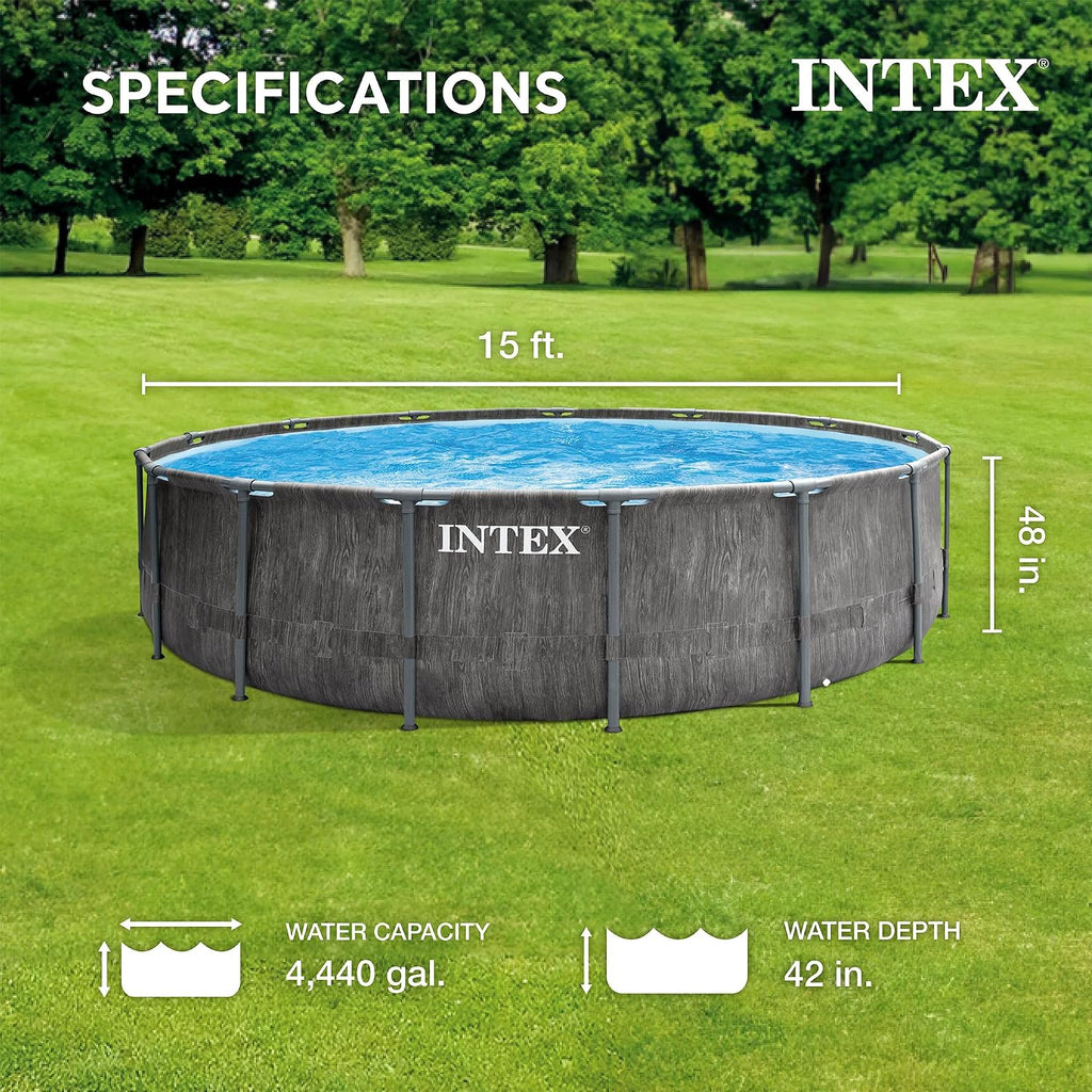 Intex Greywood Prism Frame 15' x 48' Round Above Ground Outdoor Swimming Pool Set with 1000 GPH Filter Pump, Ladder, Ground Cloth, and Pool Cover