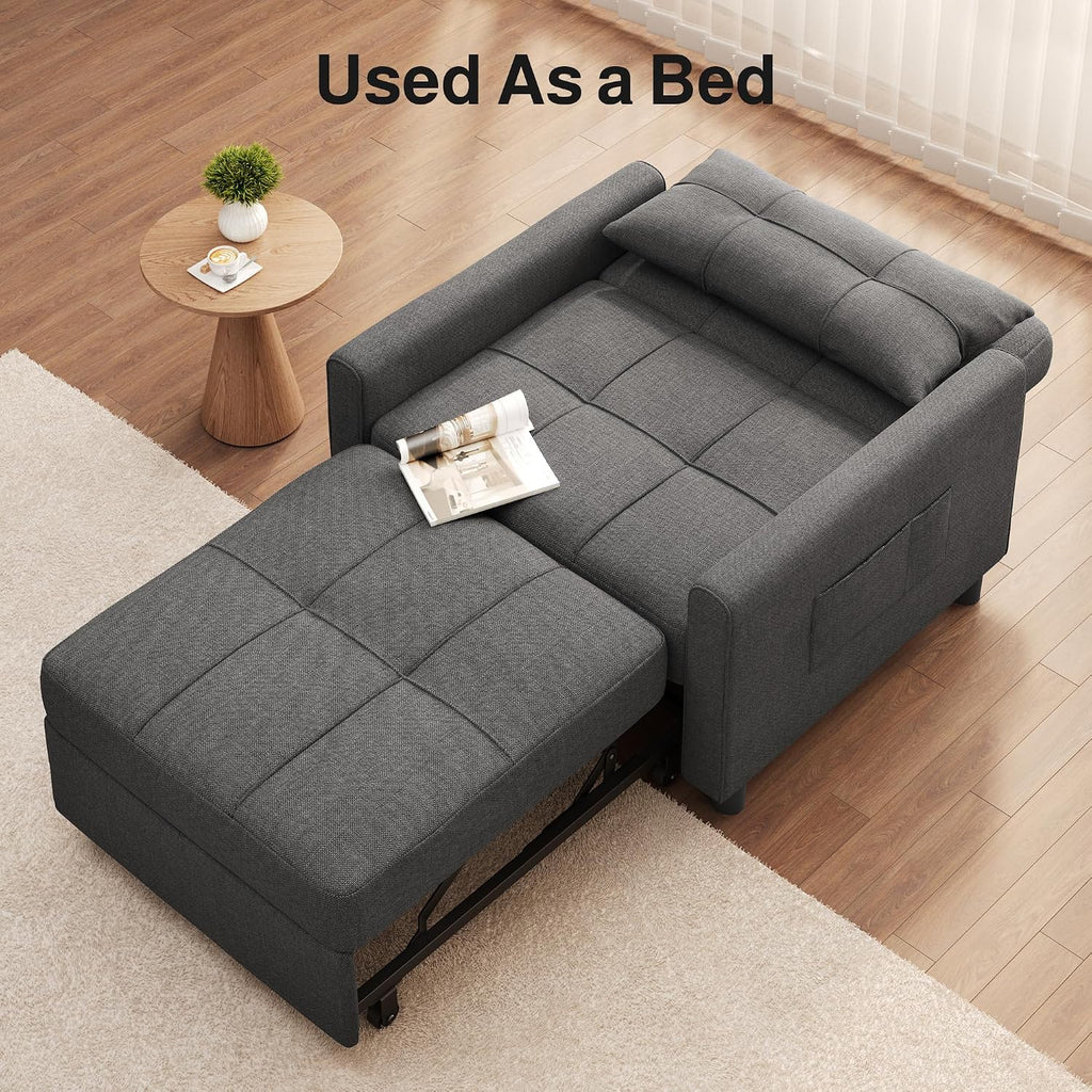 Ahomly Convertible Sofa Chair Bed, 3-in-1 Multi-Functional Sleeper Chair Bed, Adjustable Backrest Recliner with Modern Linen Fabric for Living Room Bedroom Apartment Small Space, Dark Grey