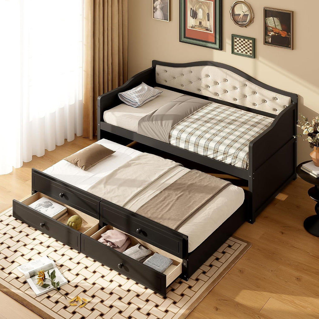 Merax Twin Daybed with Trundle and 2 Storage Drawers, Wooden Sofa Bed Twin Bed Frame with Upholstered Button Tufted Backrest for Living Room, Bedroom, Guest Room (Black)
