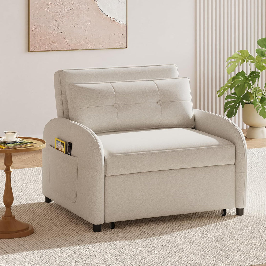 Merax 3-in-1 Convertible Sleeper Sofa Bed, Loveseat to Bed with Pullout Design, Soft Cotton Linen Fabric, Includes Pillow & Side Pockets for Small Spaces, Apartment, Living Room, Beige