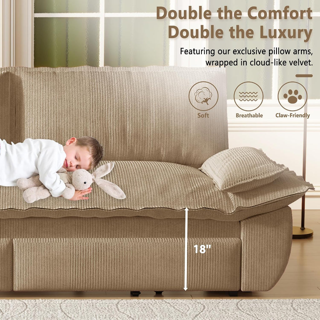 73.2' Sofa Bed Queen Size, Pull Out Couch Bed, 3-in-1 Convertible Sleeper Sofa with Cushion Armrest, Modern Corduroy Futon Couch for Living Room, Small Space, Apartment, Bedroom, Camel
