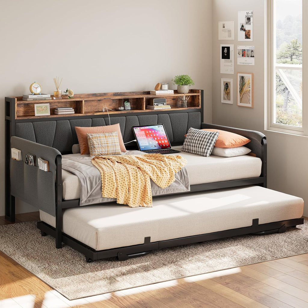 LIKIMIO Daybed with Trundle Bed, Twin Bed Frame with Upholstered Storage Headboard and Charging Station, Sofa Day Bed with Strong Supports for Living Room, Bedroom, and Guest Room, Black