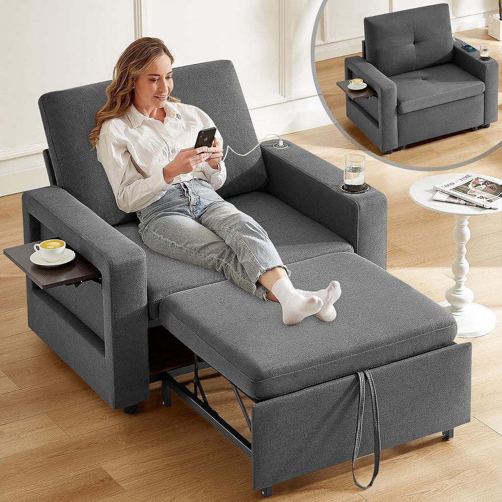 WEUP 42.5' Sleeper Chair Bed, 3-in-1 Convertible Reclining Sofa Chair with Pull Out Couch Bed, Adjustable Backrest, Side Pockets, Cup Holder, USB Ports & Wing Table, Premium Dark Gray