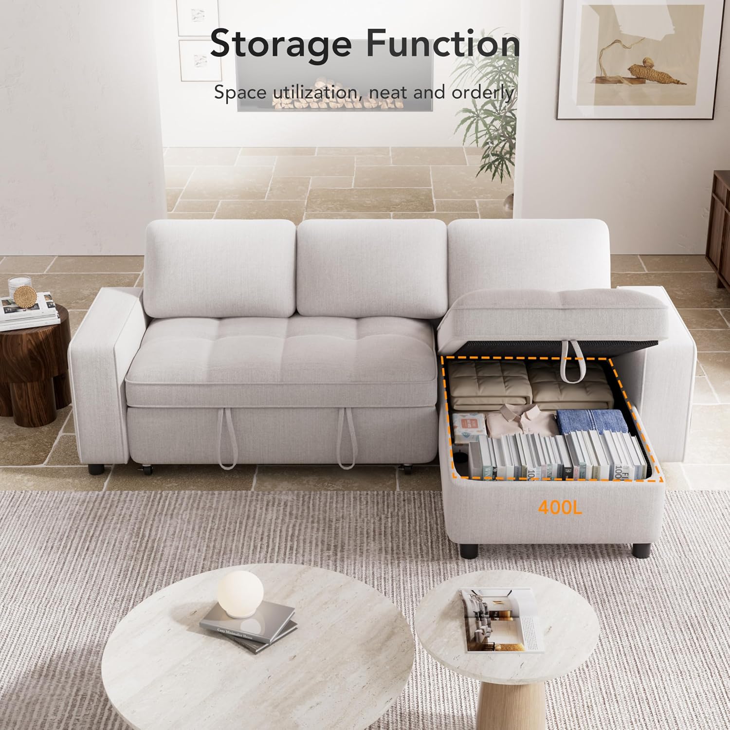Vipbear 81' Sectional Sleeper Sofa with Pull Out Bed, L Shaped Sleeper Sofa, Pull Out Couch with Reclining Backrest, Reversible Storage Chaise, USB Ports, Tool-Free Assembly, Chenille Beige