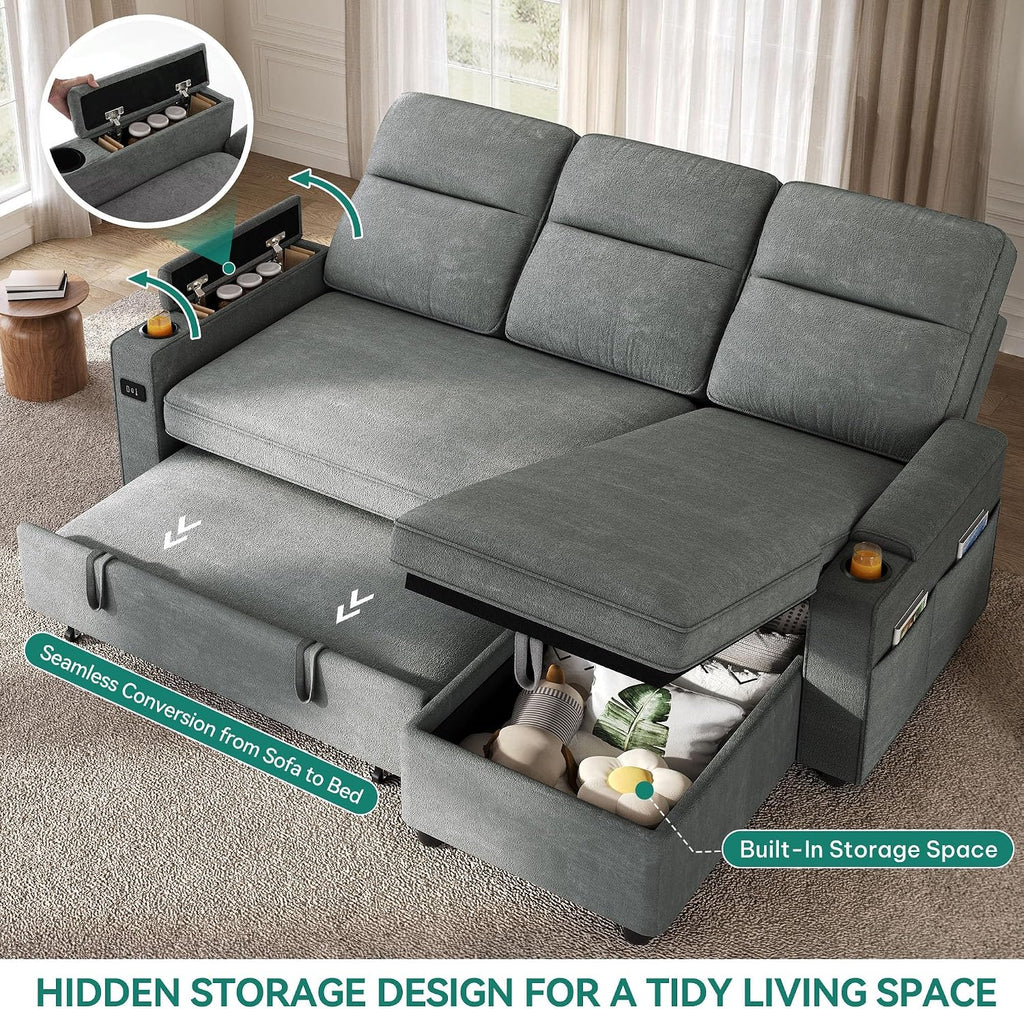YITAHOME Sectional Sleeper Sofa with Pull Out Couch Bed, 81' Convertible Sleeper Sofa with Adjustable Backrest, Sofa Bed Sleeper Couch with Armrest & USB Port, Grey