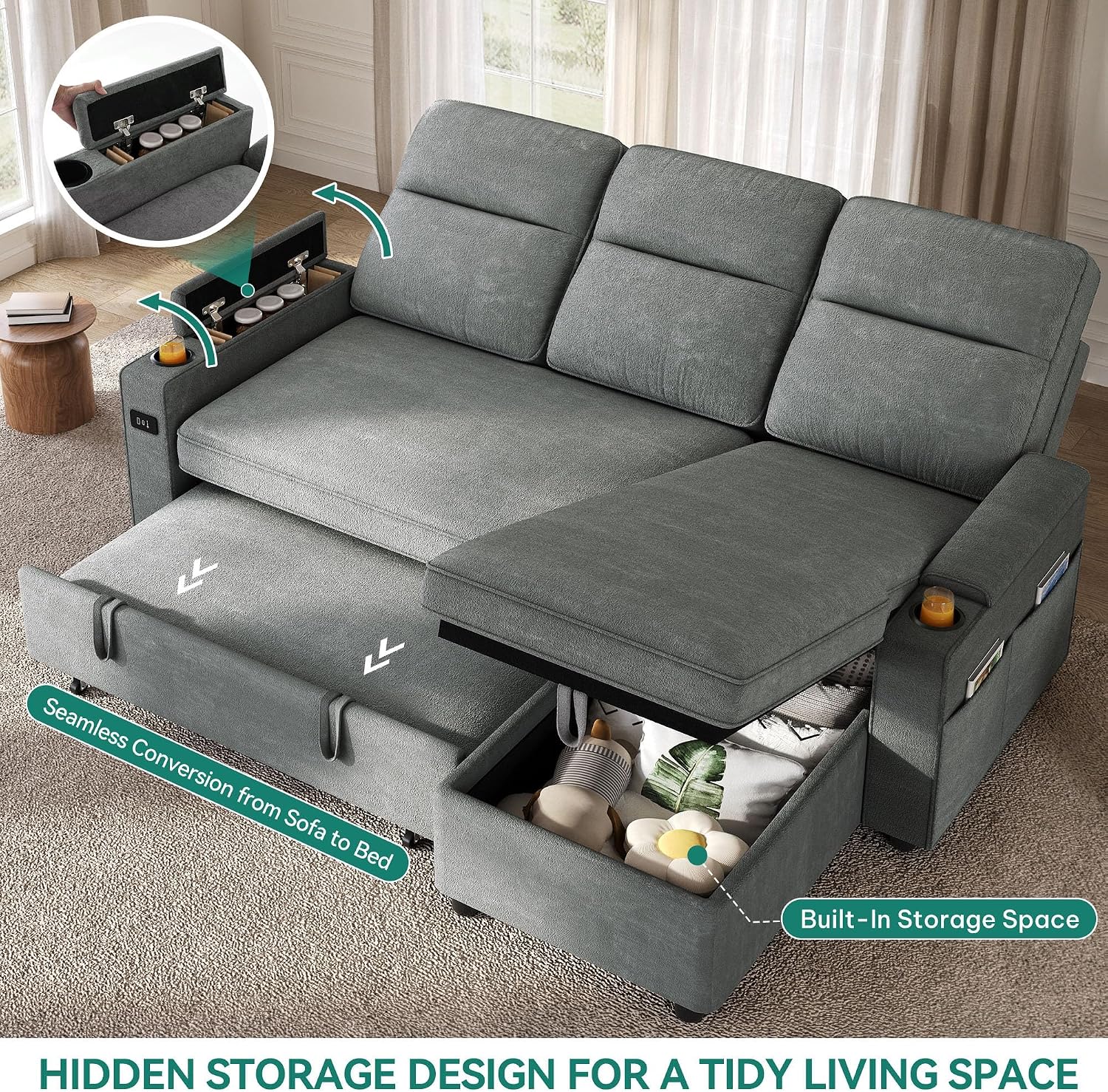 YITAHOME Sectional Sleeper Sofa with Pull Out Couch Bed, 81' Convertible Sleeper Sofa with Adjustable Backrest, Sofa Bed Sleeper Couch with Armrest & USB Port, Grey