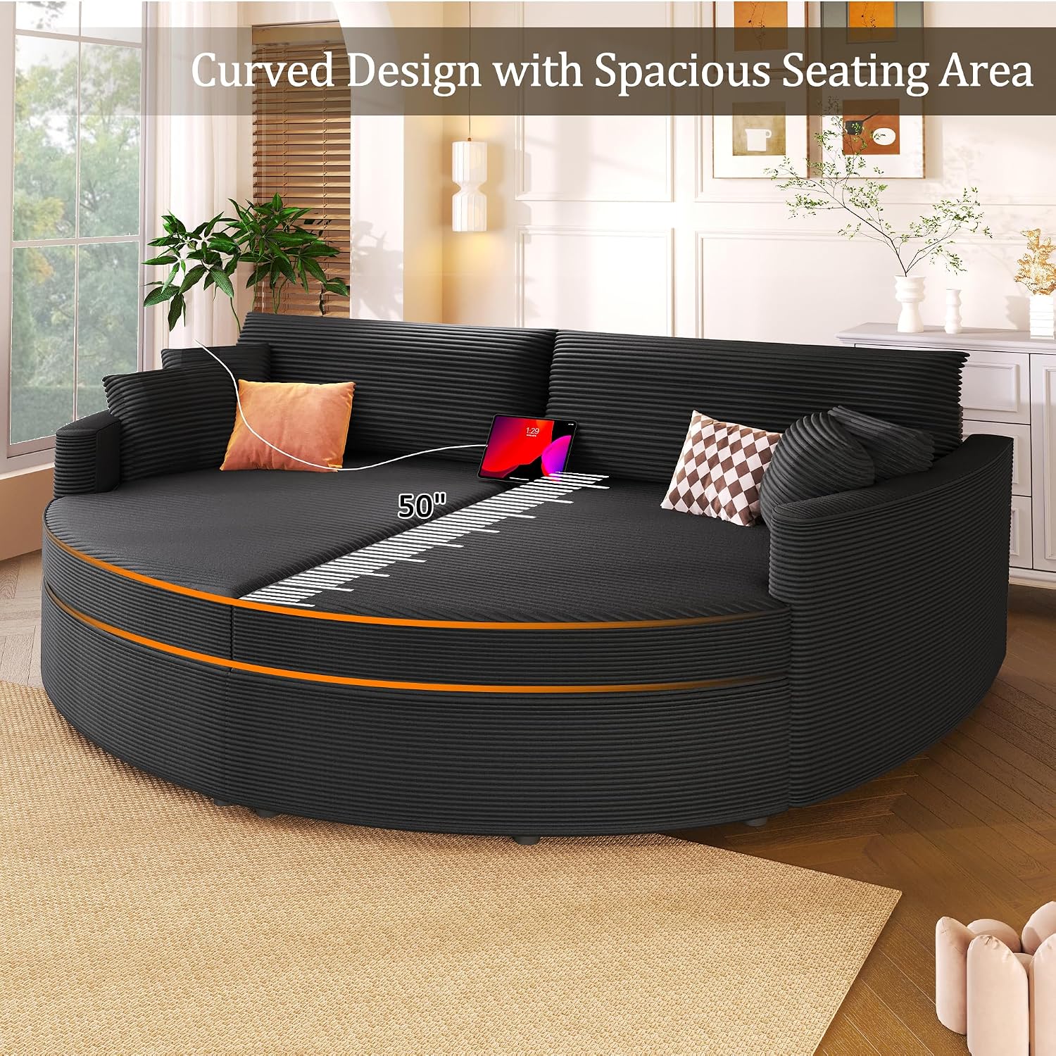 Merax 102.3' Oversized Double Chaise Lounge Indoor, Comfy Corduroy Upholstered Loveseat Sleeper Sofa Bed, Deep Seat Cloud Couch with USB Ports and Throw Pillows for Living Room, Black