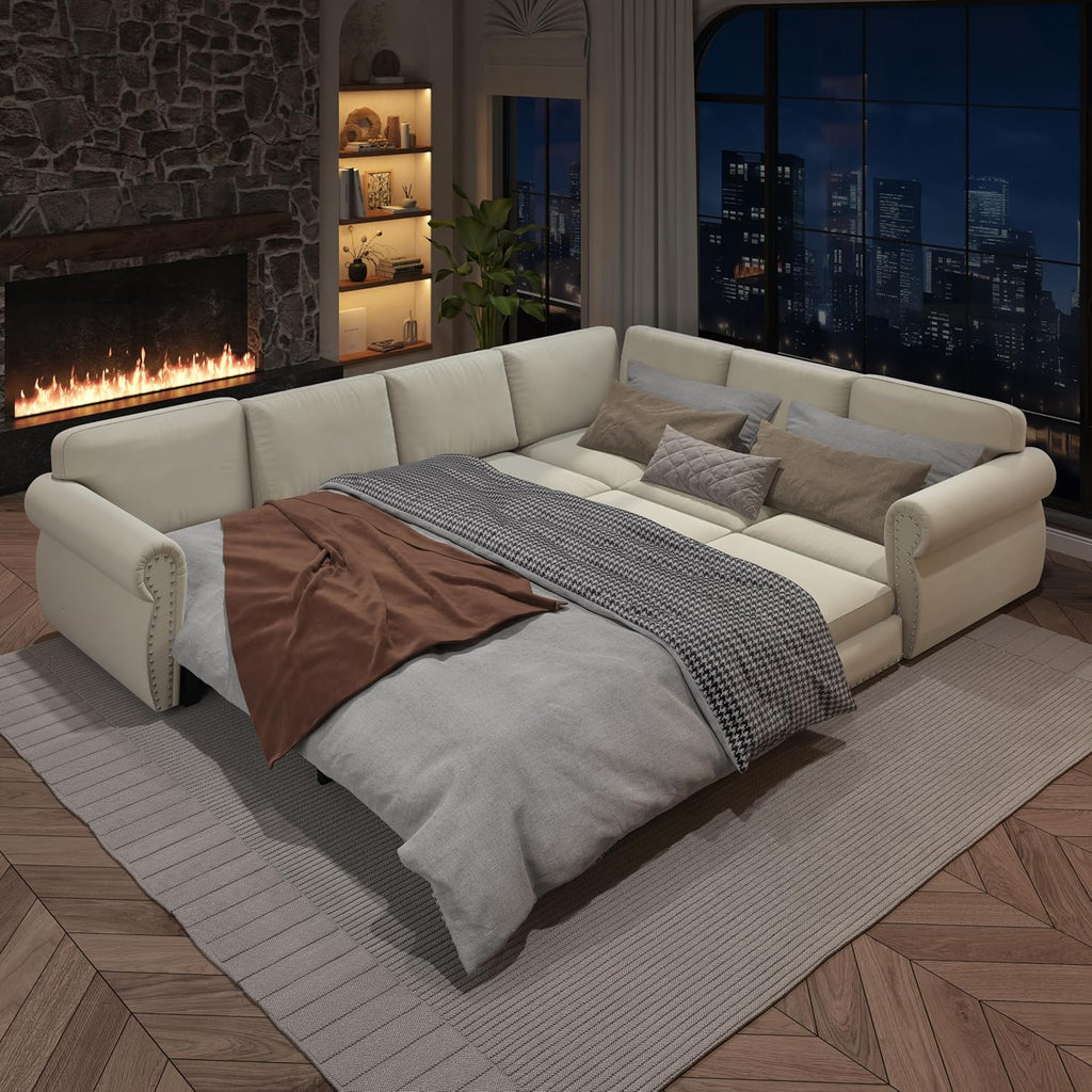 118' L-Shaped Sleeper Couch Bed - Oversize Convertible with Pull-Out Sofa Bed, Button Tufted Chesterfield Sofa, Chenille Sectional Vintage Couches for Living Room/Apartment(6-Seater, Beige)