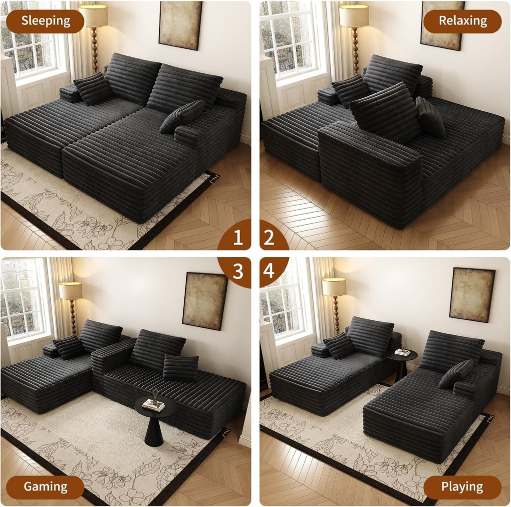 80' Oversized Double Lounge Chaise,Cloud Plush Sofa Bed,Upholstered Boneless Cloud Sofa Deep Seat,No Assembly Required,Modern Corduroy Sleeper Loveseat Chair for Living Room Bedroom Reading,Black