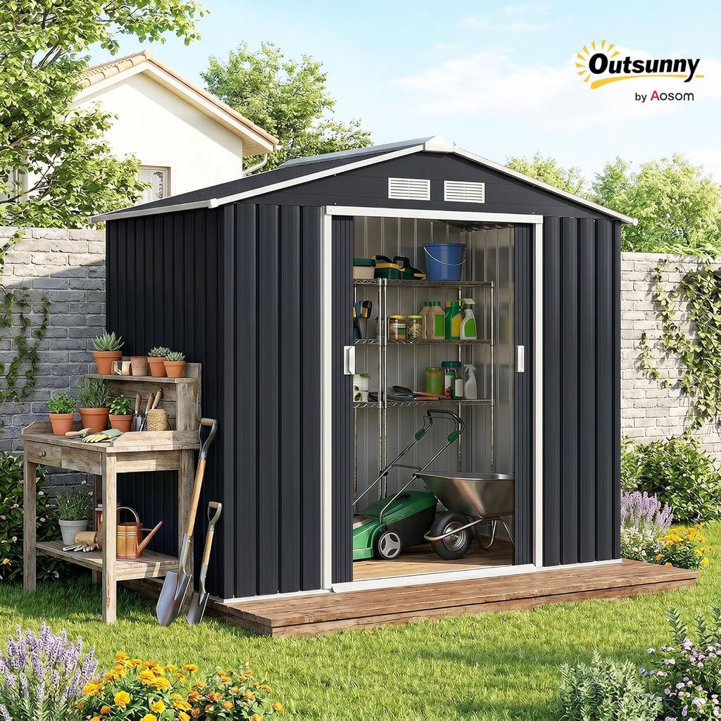 Outsunny 7' x 4' Outdoor Storage Shed, Garden Tool Metal Shed with Foundation Kit, Double Lockable Door, Air Vents and Sloping Roof, for Backyard, Patio, Lawn, Dark Gray
