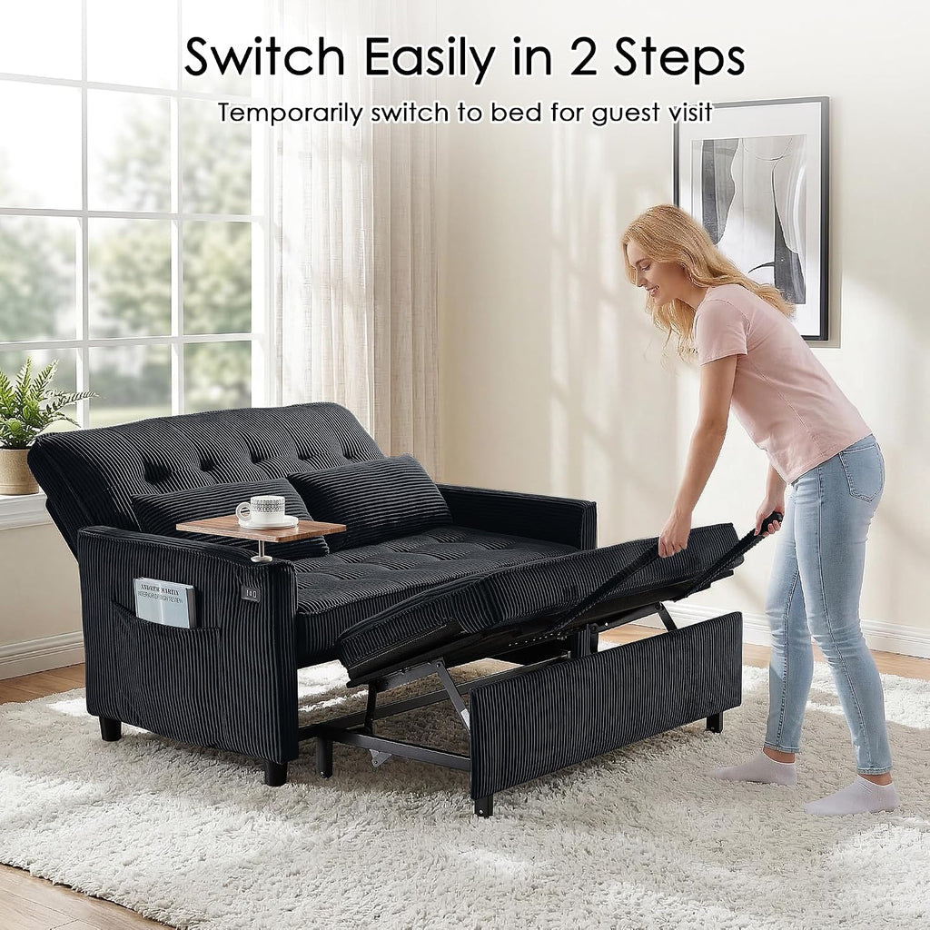 Sleeper Sofa Bed, 54'' Convertible Pull Out Couch with Small Table| USB Port | Side Pockets | Corduroy Fabric | Adjustable Backrest for Apartment, Office, Bedroom, Guest Room (Black)