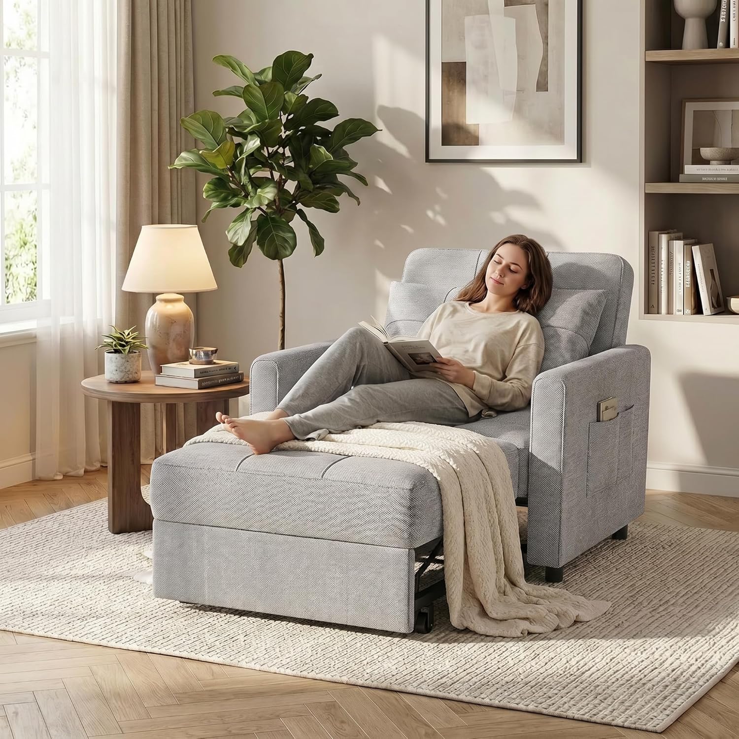 Gizoon Sofa Bed Chair 3 in 1 Convertible, Pullout Single Sleeper Chair Bed with Adjustable Backrest, Spacious Multifunctional Sofa Couches for Living Room, Bedroom, Apartment