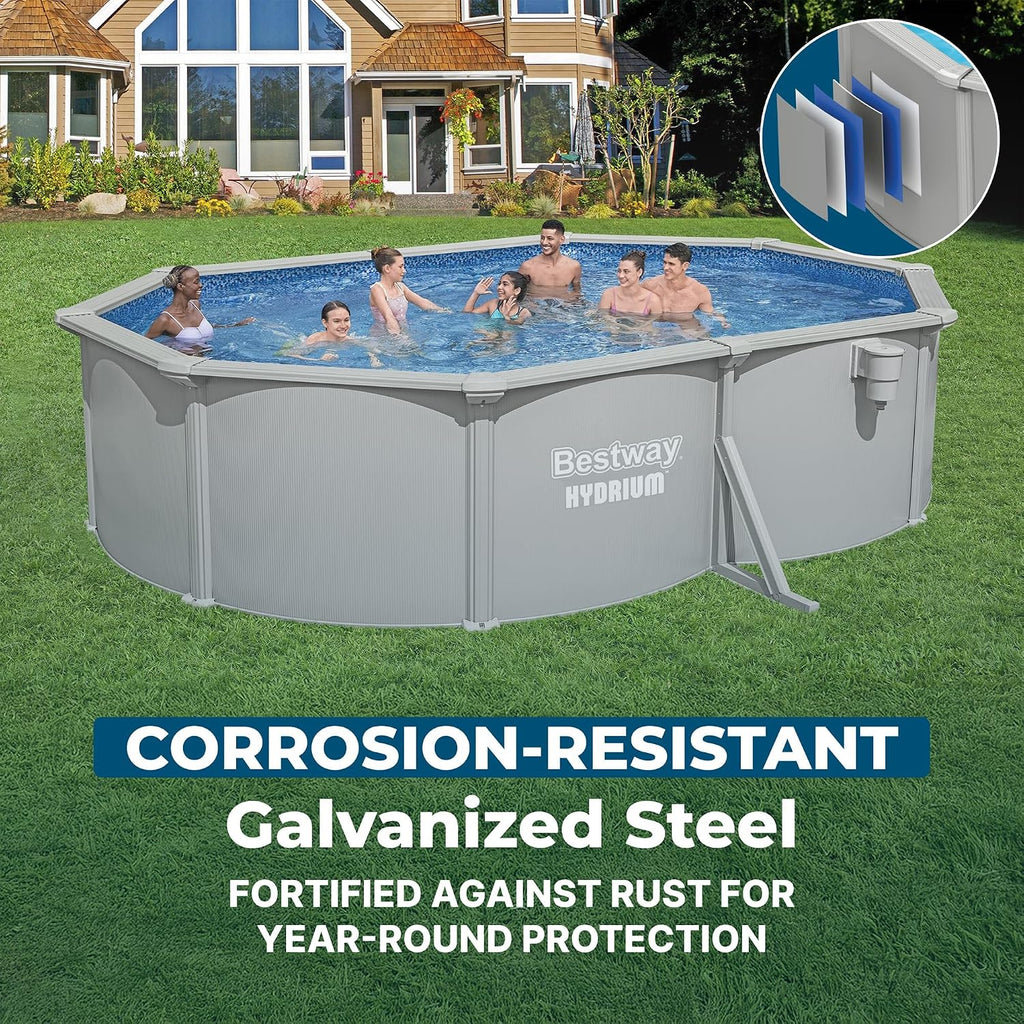 Bestway Hydrium 16'5' x 12' x 48' Above Ground Pool, Oval Steel Side Wall Frame Outdoor Swimming Pool Set with Sand Filter Pump, Polysphere Filtration Balls, Ladder & Accessories