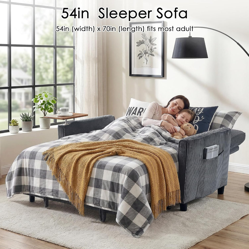 Sleeper Sofa Bed, 54'' Convertible Pull Out Couch with Small Table| USB Port | Side Pockets | Corduroy Fabric | Adjustable Backrest for Apartment, Office, Bedroom, Guest Room(Darkgray)