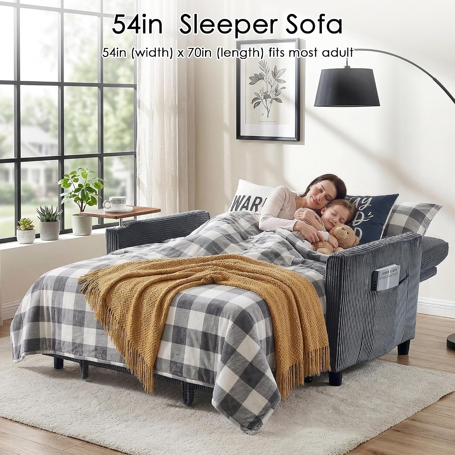 Sleeper Sofa Bed, 54'' Convertible Pull Out Couch with Small Table| USB Port | Side Pockets | Corduroy Fabric | Adjustable Backrest for Apartment, Office, Bedroom, Guest Room(Darkgray)