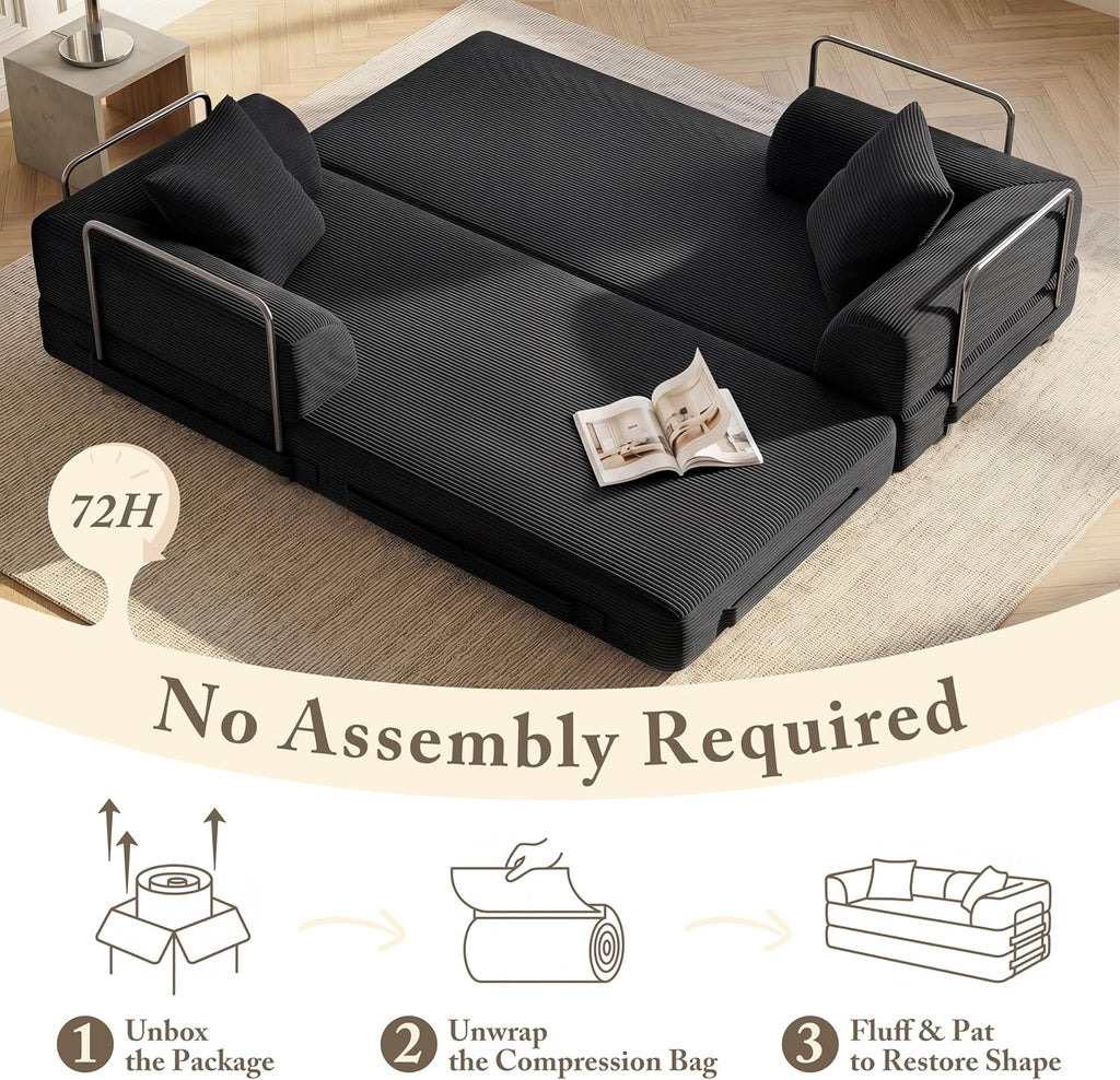 Cloud Boneless Convertible Sofa Bed, 5-in-1 Foldable Compressed High-Density Sponge Sofa, 70' Corduroy Fabric 2 Seater Sleeper Couch Futon Daybed for Living Room Bedroom (Black)