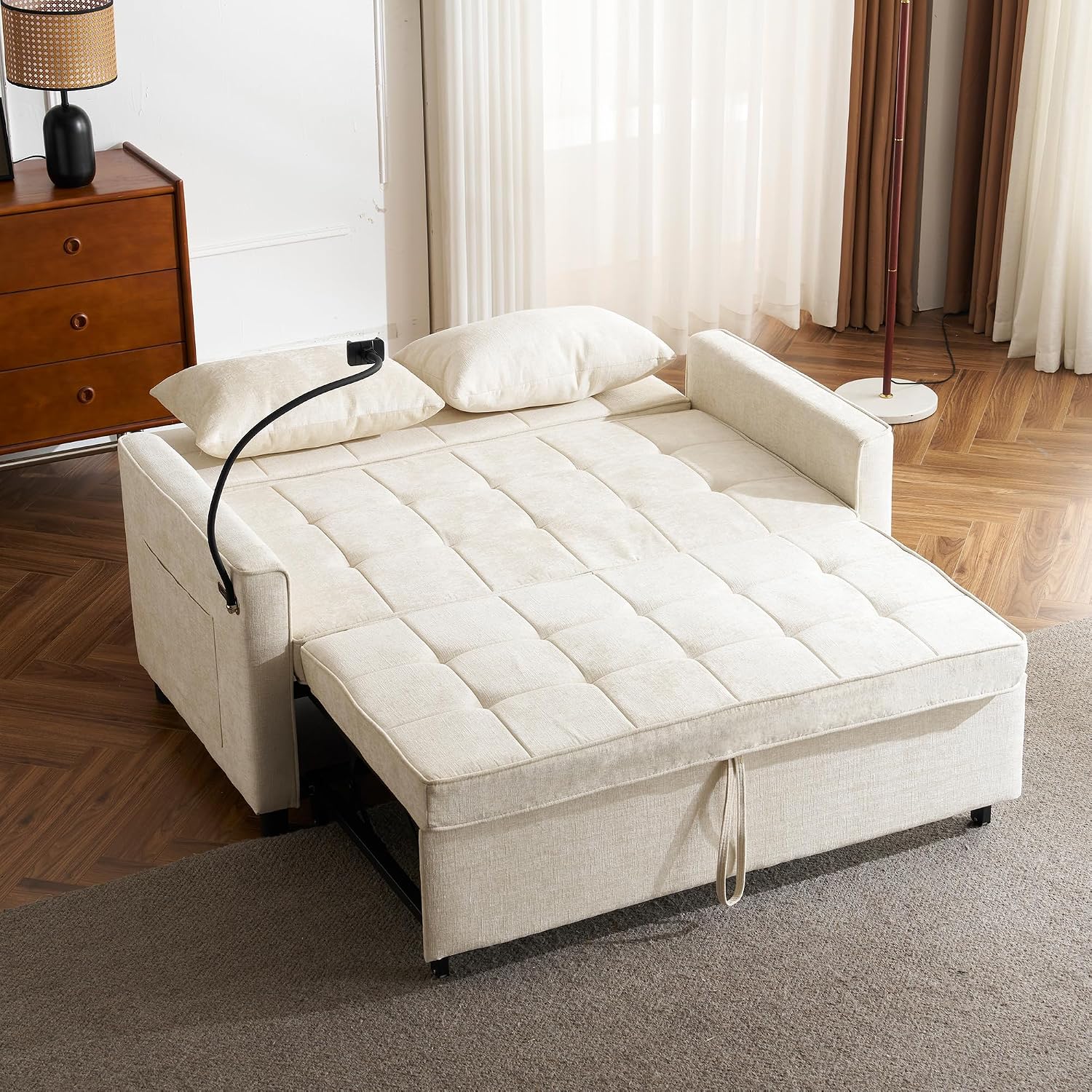 Merax Pull-Out Sleeper Sofa Bed with Reversible Backrest and Two Throw Pillows, 3 in 1 Foton Couch with USB Ports & Phone Holder, Chenille Loveseat for Living Room, Beige