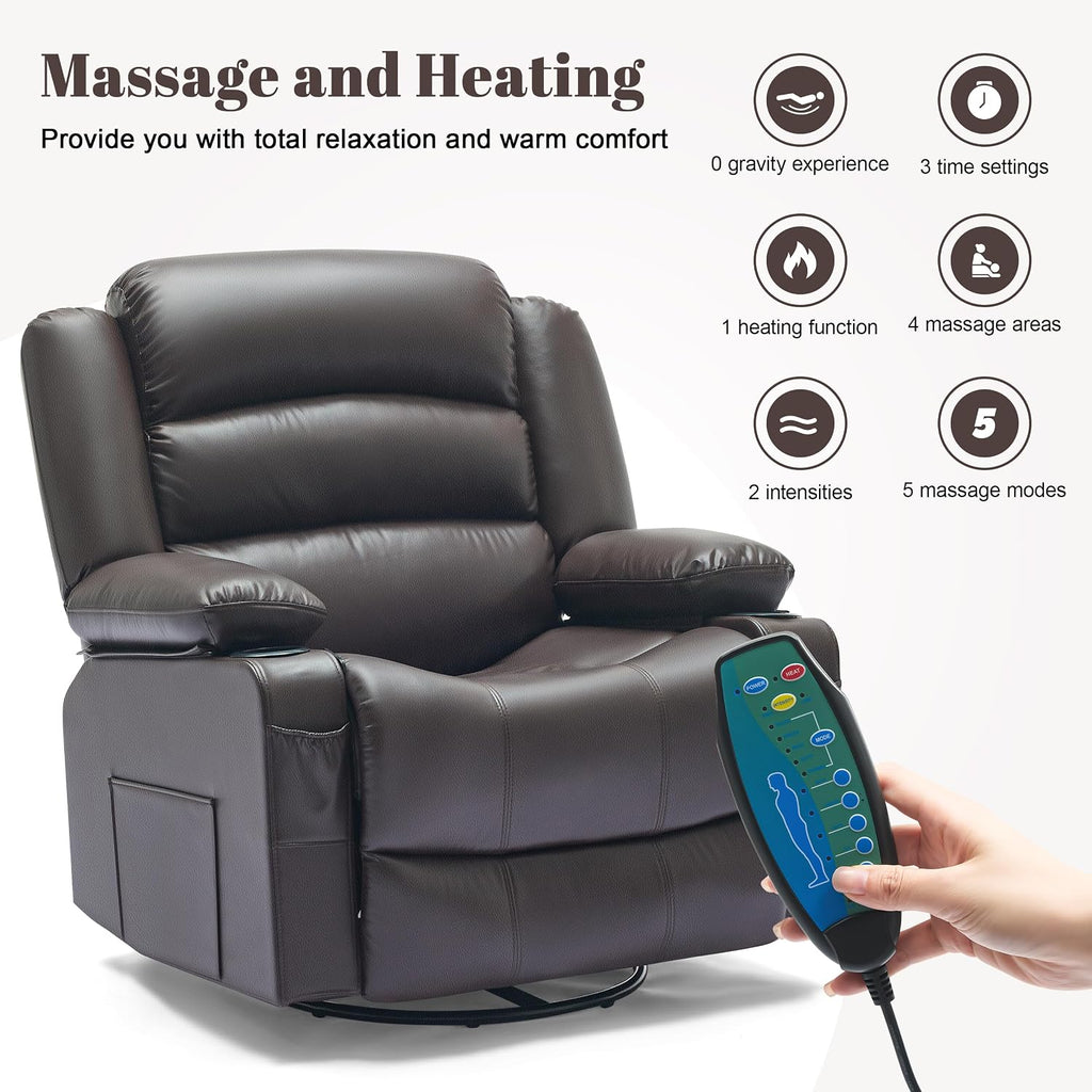 Oversized Nursery Rocking Chairs with Heat and Massage, 360° Swivel Recliner Chair for Adults, Recliner Single Sofa Seat with Cup Holders, Lazy Boy Recliner Single Sofa (Oversized Manual, Darkbrown)