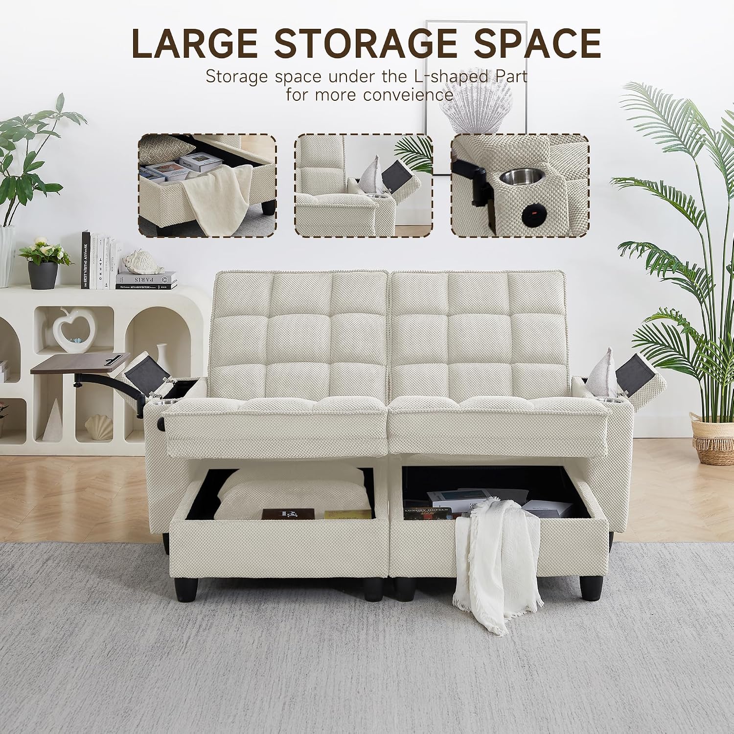 oaaktu 70.9'' Double Chaise Lounge with 360 Degree rotatable Side Table, Comfy Corduroy Indoor Lounge Chair with Armrest Storage, Cup Holder, USB Port, and Pillow for Living Room or Bedroom (Beige)