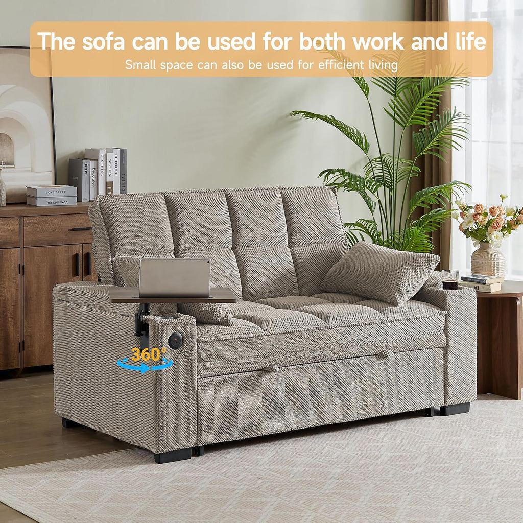 Auvsoce 65'' Chaise Lounge Chair Indoor, 3-in-1 Convertible Sofa Bed with Pull-Out Design, 360° Swivel Side Table, Modern Granular Velvet Couch Bed for Living Room, Small Space & Apartment-Friendly