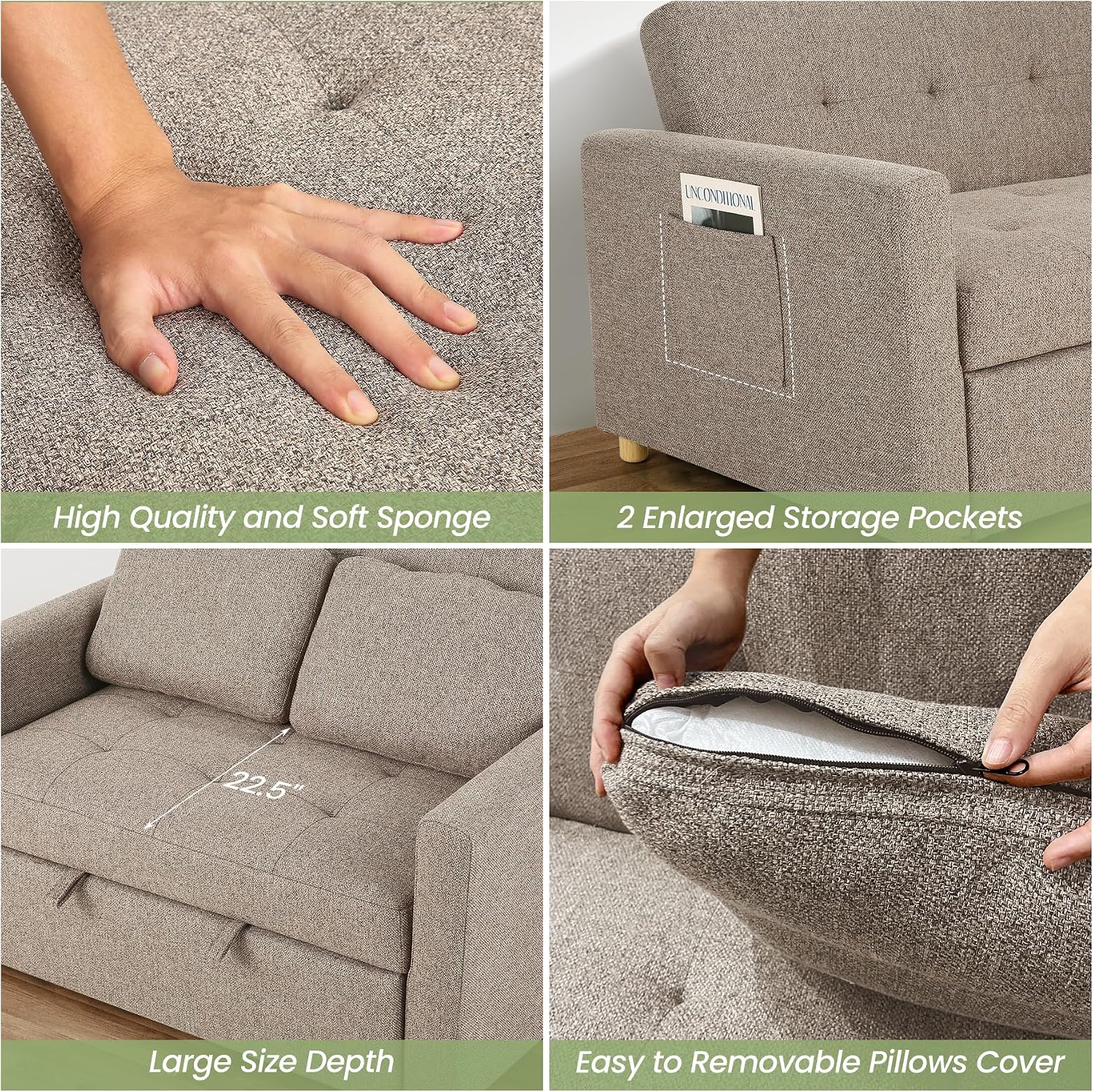 SEJOV 3-in-1 Convertible Sofa Bed, Linen Fabric Sleeper Couch Pull Out Bed, 49' 2-Seater Loveseat Futon Sofa with Spring Support, Adjustable Backrest and Pillows for Small Spaces, Living Room